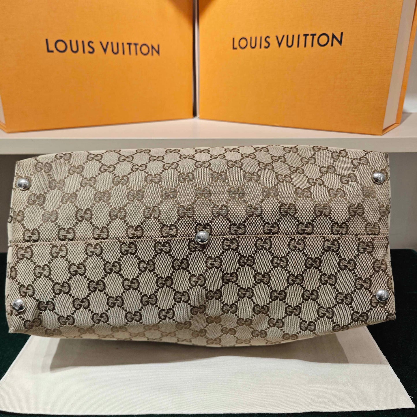 Gucci - GG Monogram Canvas Tote Bag - GG canvas with leather trim - Beige with dark brown trim - (Medium)