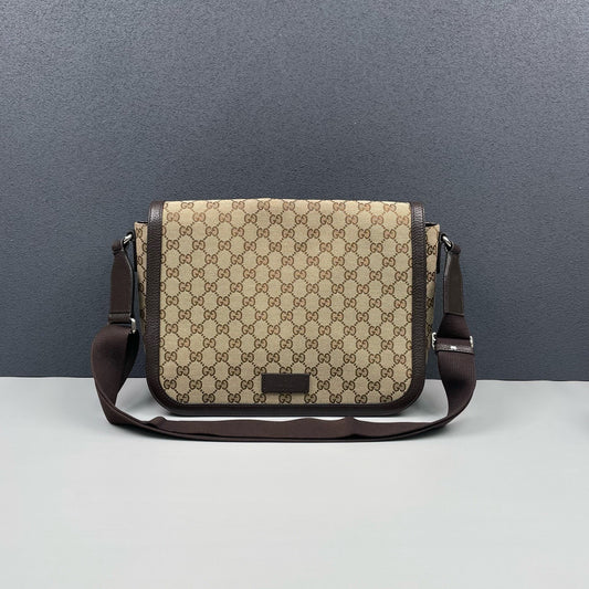 Gucci - GG Monogram Flap Messenger Bag - Monogram canvas with leather trim - Brown - (medium)
