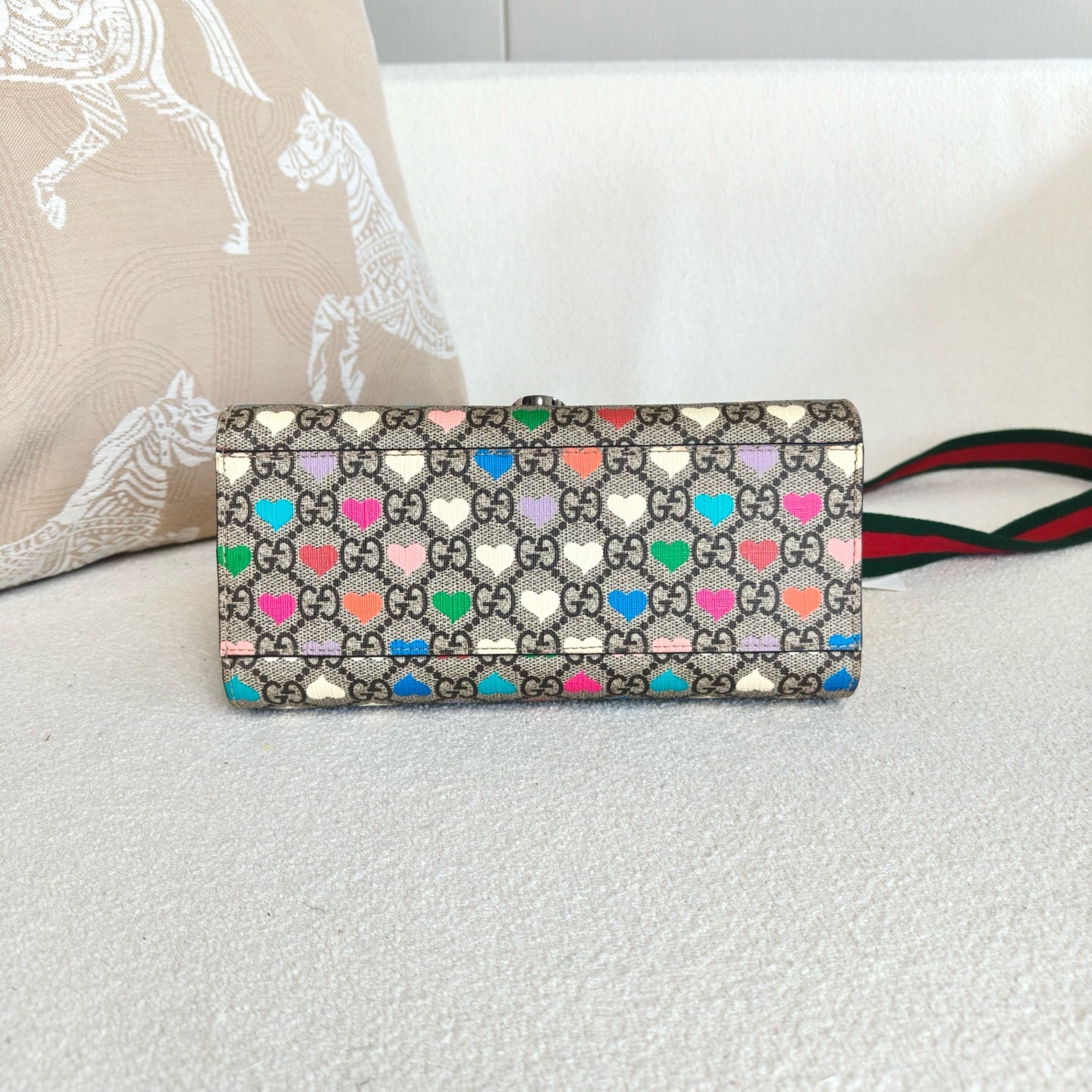 Gucci - GG Supreme Heart Print Messenger Bag - Coated canvas with leather trim - Beige with multicolour hearts, yellow accents, and red/green strap - (Small)
