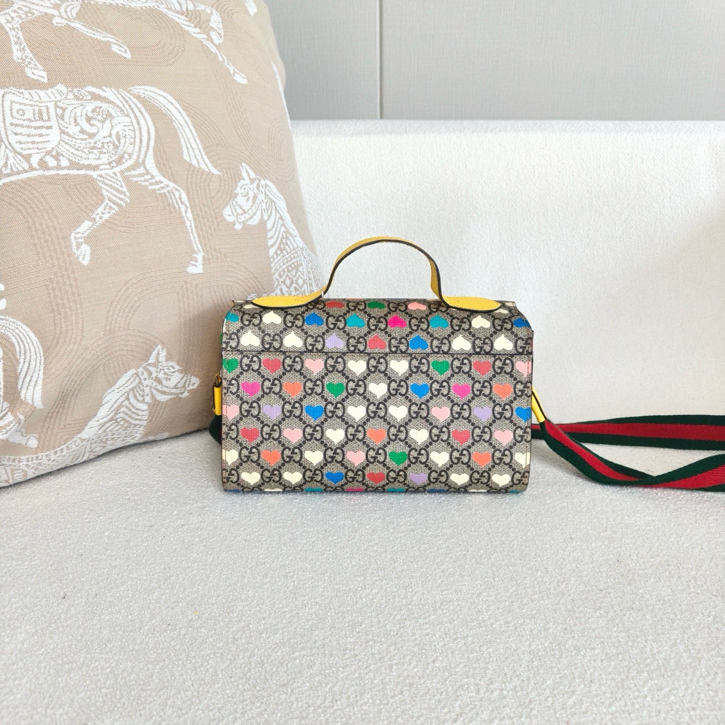 Gucci - GG Supreme Heart Print Messenger Bag - Coated canvas with leather trim - Beige with multicolour hearts, yellow accents, and red/green strap - (Small)