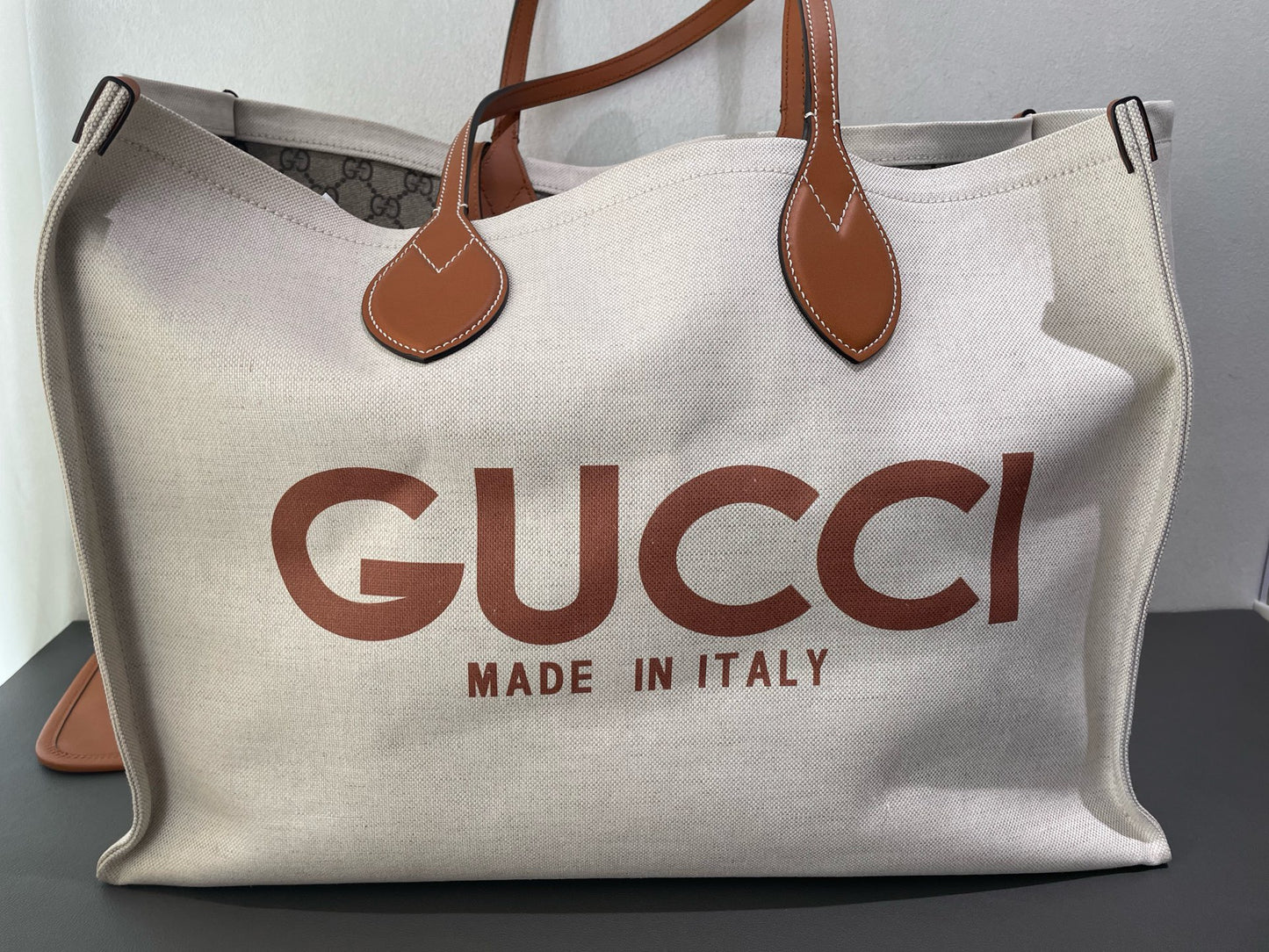 Gucci - Gucci Logo Canvas Reversible Tote - Double-sided cotton linen canvas with leather trim - Beige and Brown - (Large)