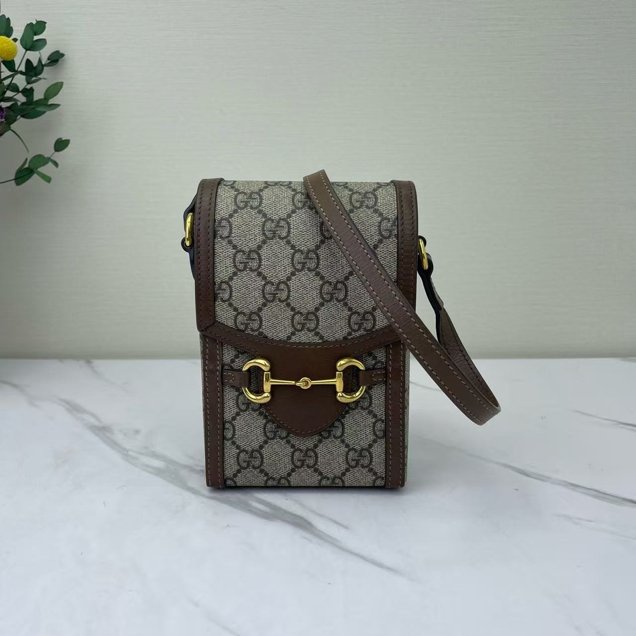 Gucci - Horsebit 1955 - GG Supreme canvas with leather trim - Beige/Ebony with Brown Trim - (mini)