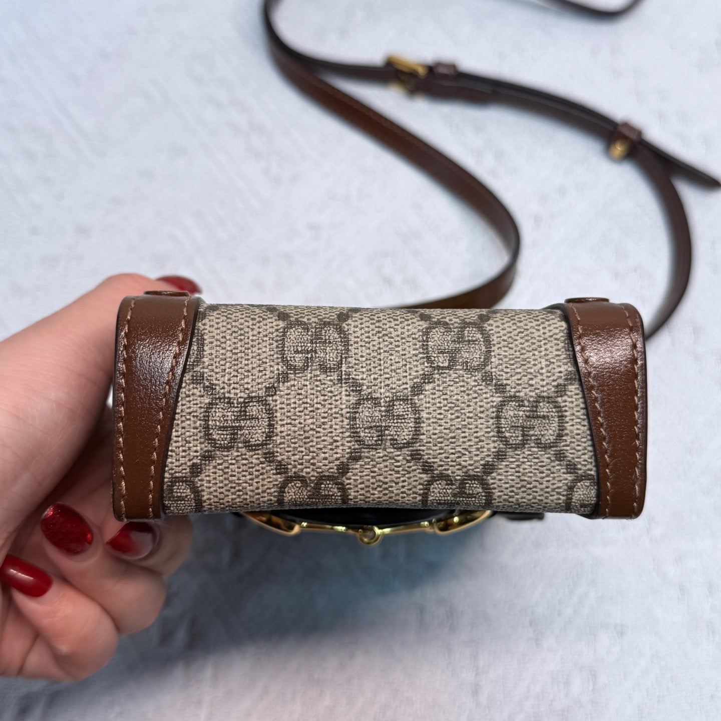 Gucci - Horsebit 1955 Vertical Phone Bag - GG Supreme canvas with leather trim - Beige and Brown - (mini)