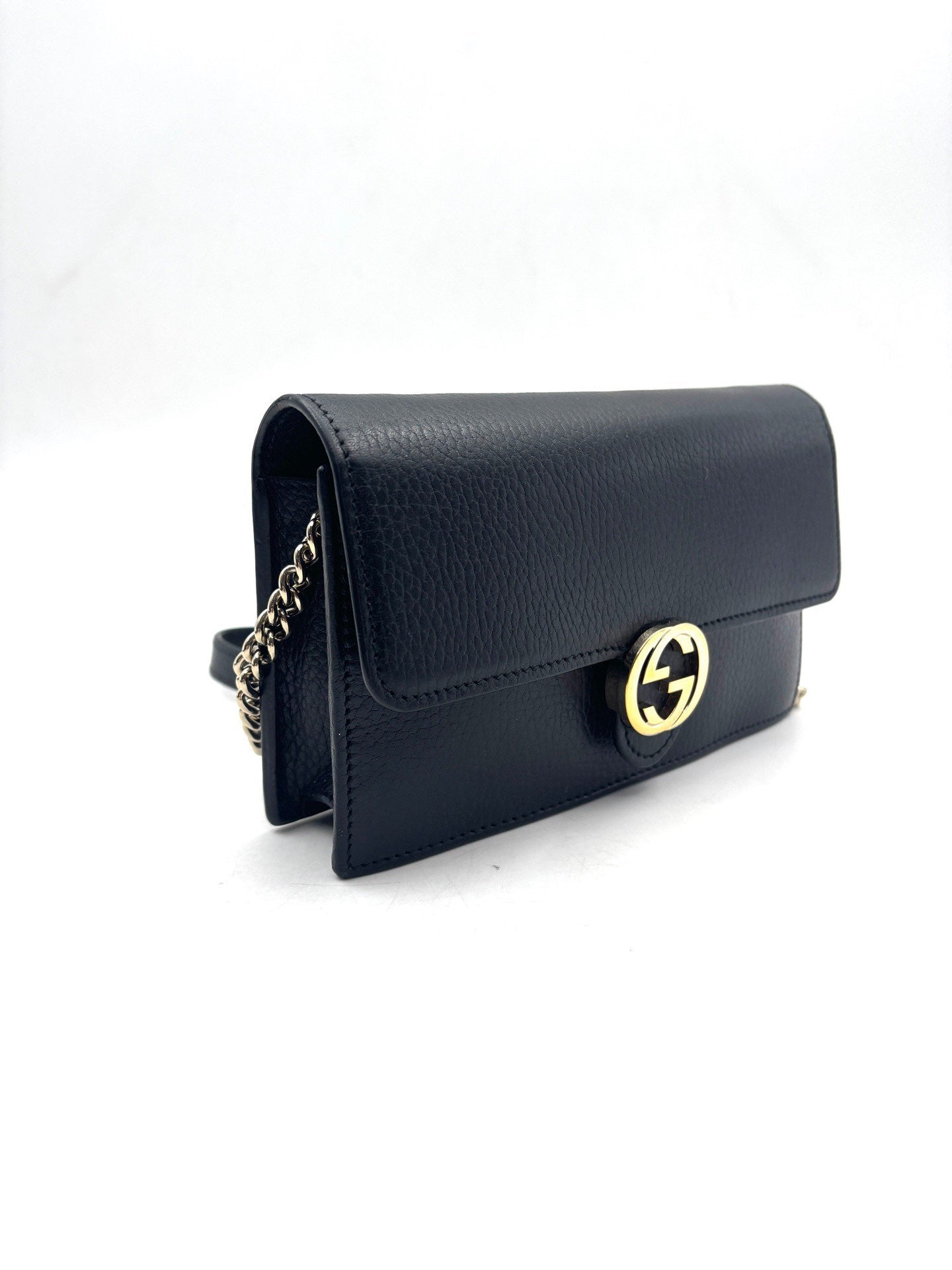 Gucci - Interlocking G Chain Wallet - Grained leather - Black with Gold-Tone Hardware - (mini)