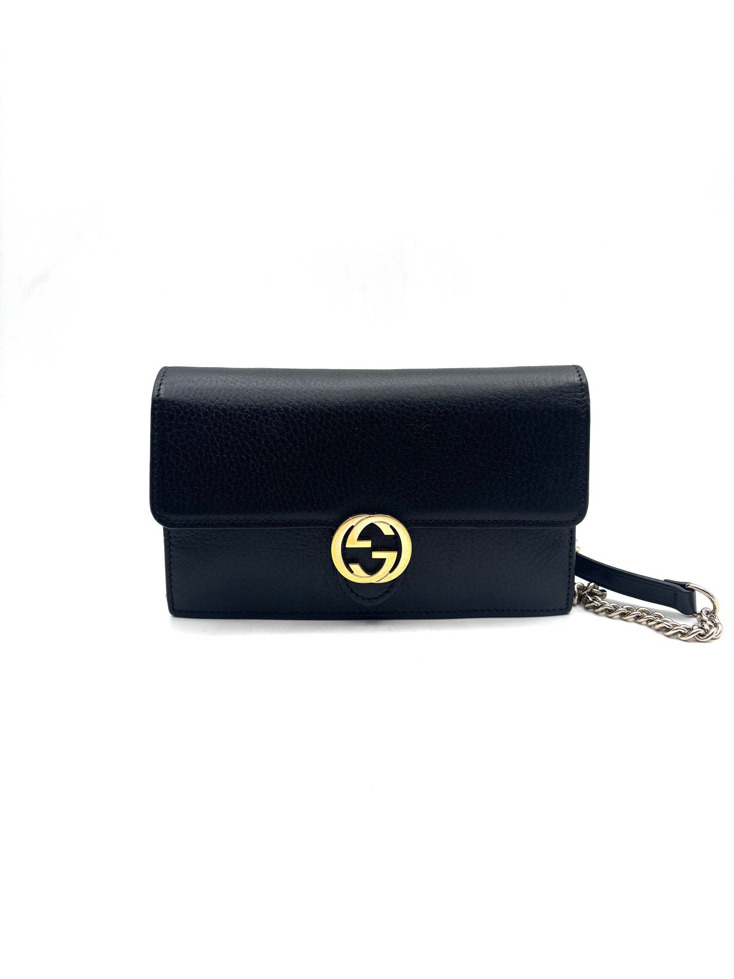 Gucci - Interlocking G Chain Wallet - Grained leather - Black with Gold-Tone Hardware - (mini)