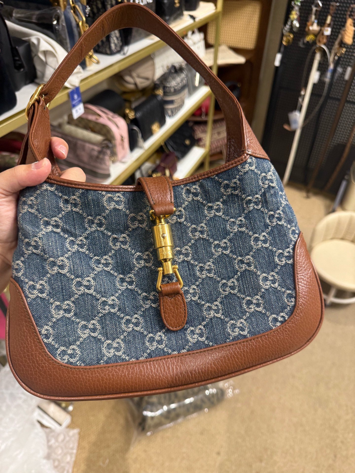 Gucci - Jackie 1961 - Denim canvas and grained leather - Blue and Brown with Gold-Tone Hardware - (medium)