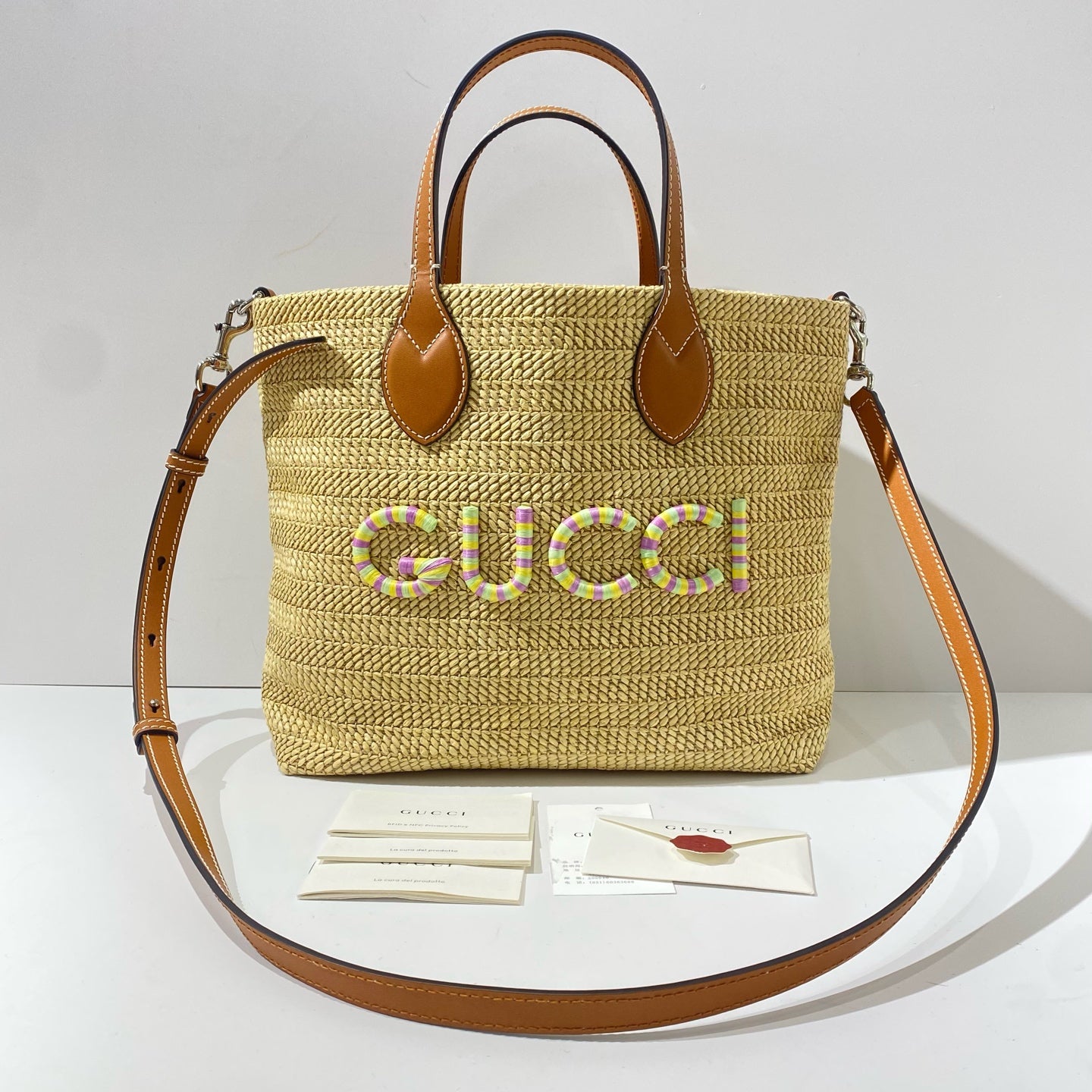Gucci - Lido Raffia Woven Tote - Raffia with leather trim - Beige with brown trim and multicolour logo - (Medium)