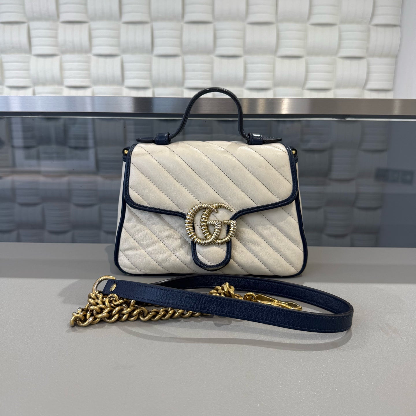 Gucci - Marmont - Genuine leather - Off-white and Navy Blue - (small)