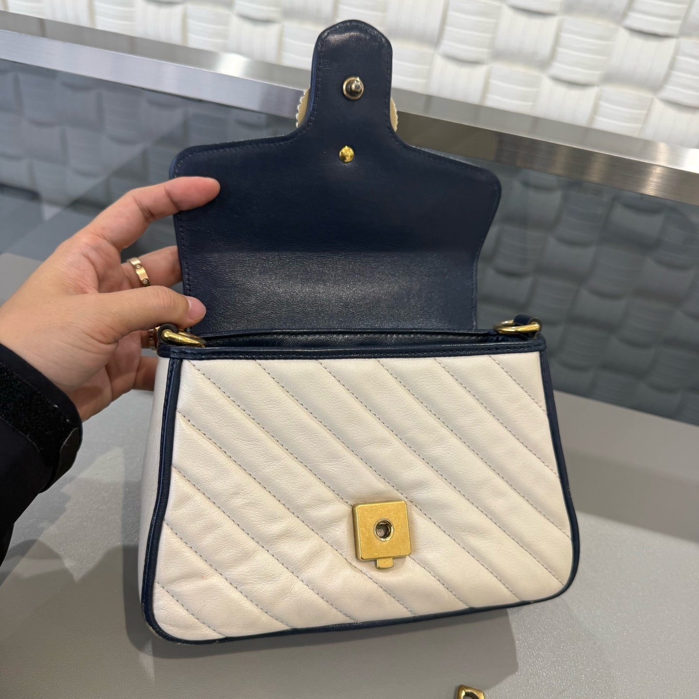 Gucci - Marmont - Genuine leather - Off-white and Navy Blue - (small)