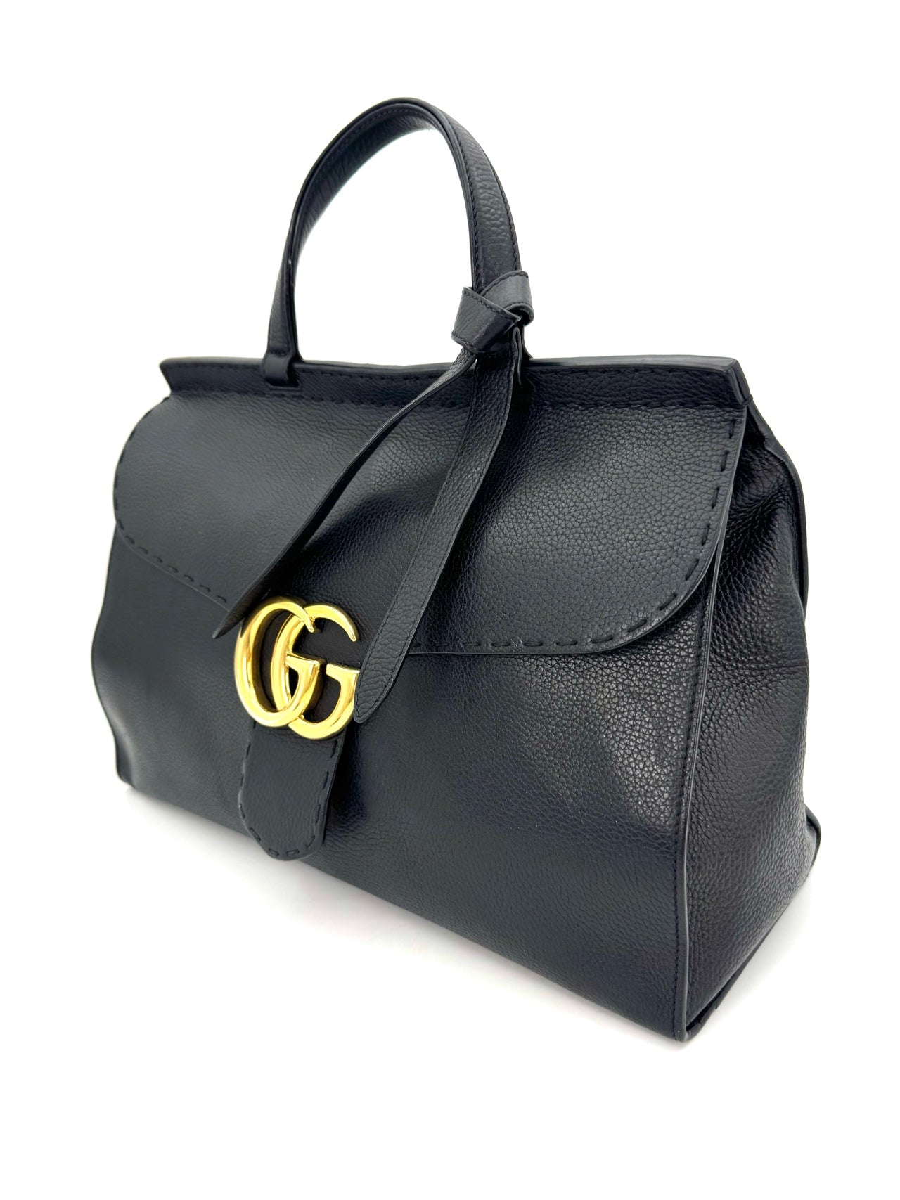 Gucci - Marmont Top Handle Bag - Grained Leather - Black - (Large)