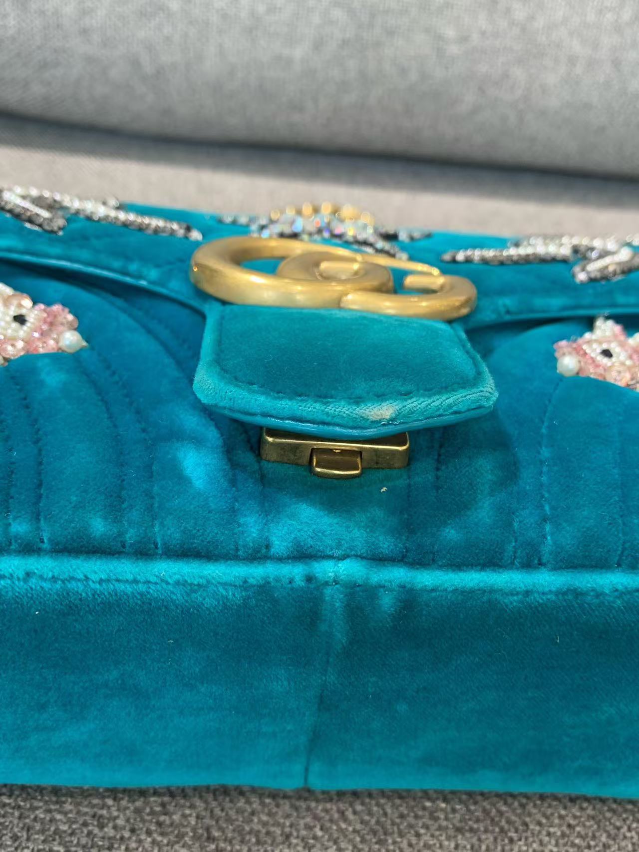 Gucci - Marmont - Velvet - Teal with Gold-Tone Hardware - (mini)