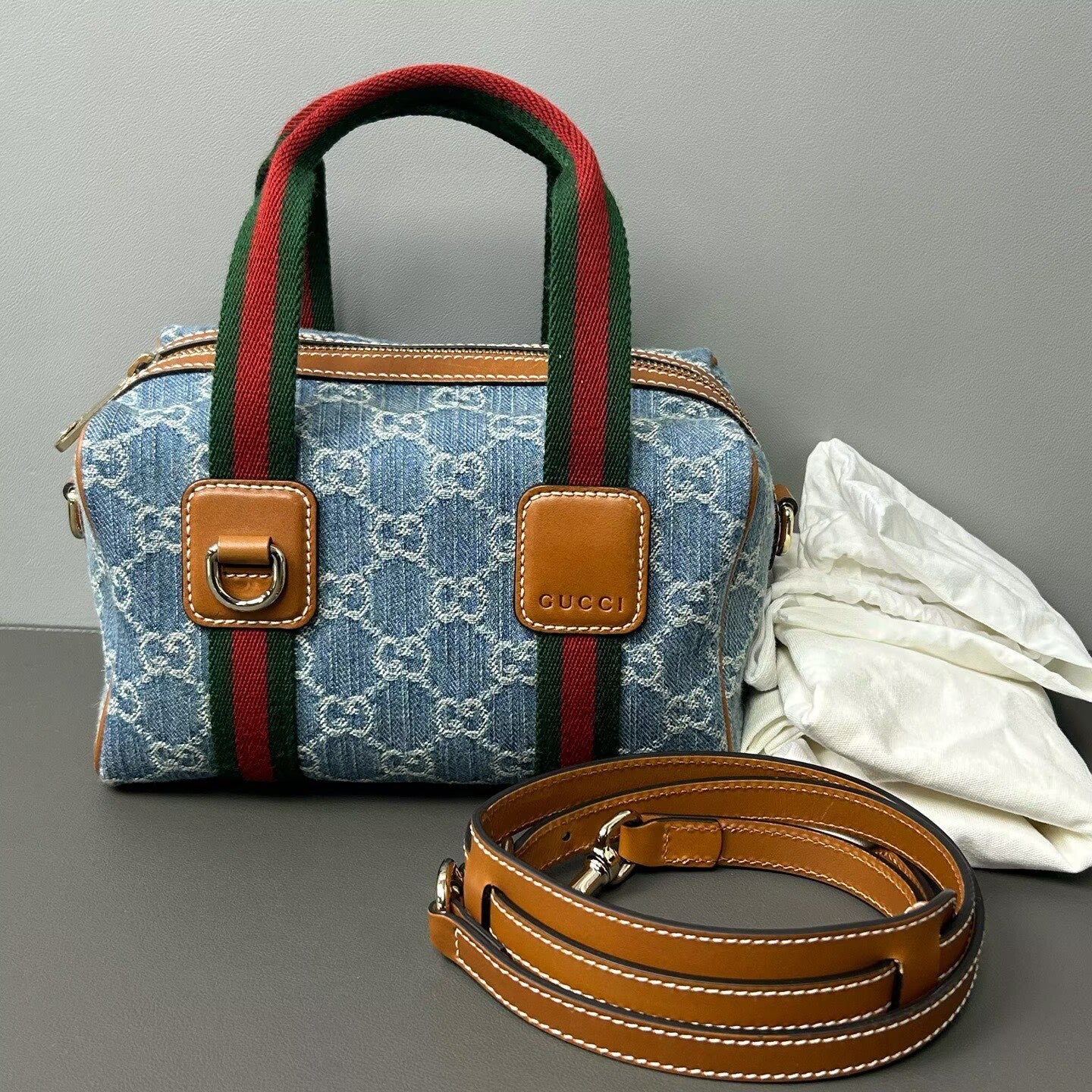 Gucci - Mini Boston - Denim with leather trim - Blue with brown, red, and green accents - (mini)