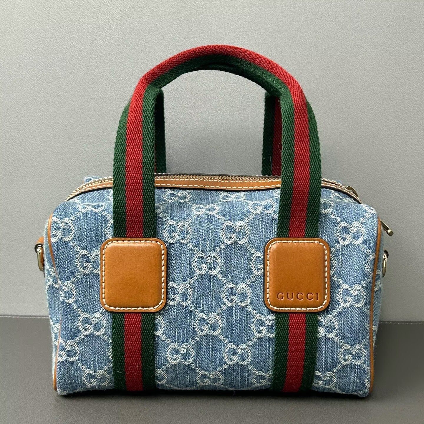 Gucci - Mini Boston - Denim with leather trim - Blue with brown, red, and green accents - (mini)