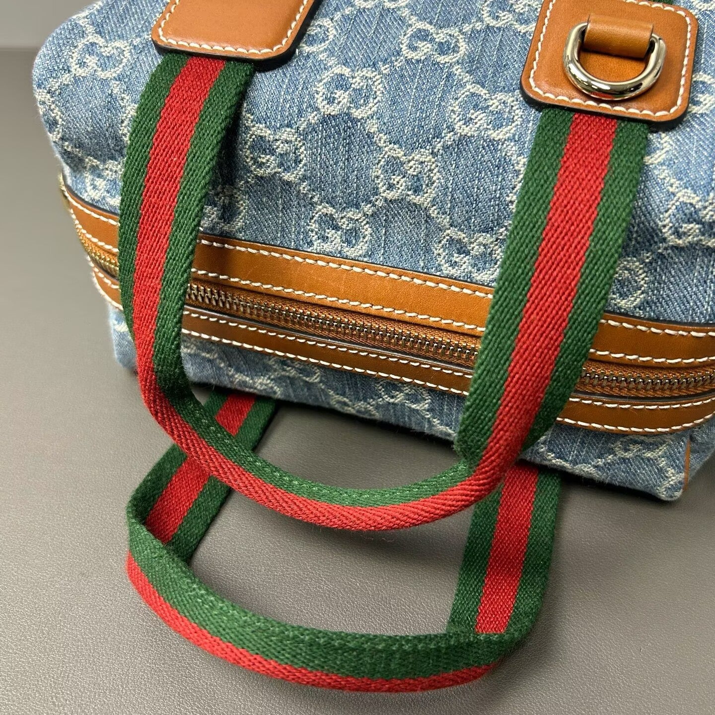 Gucci - Mini Boston - Denim with leather trim - Blue with brown, red, and green accents - (mini)