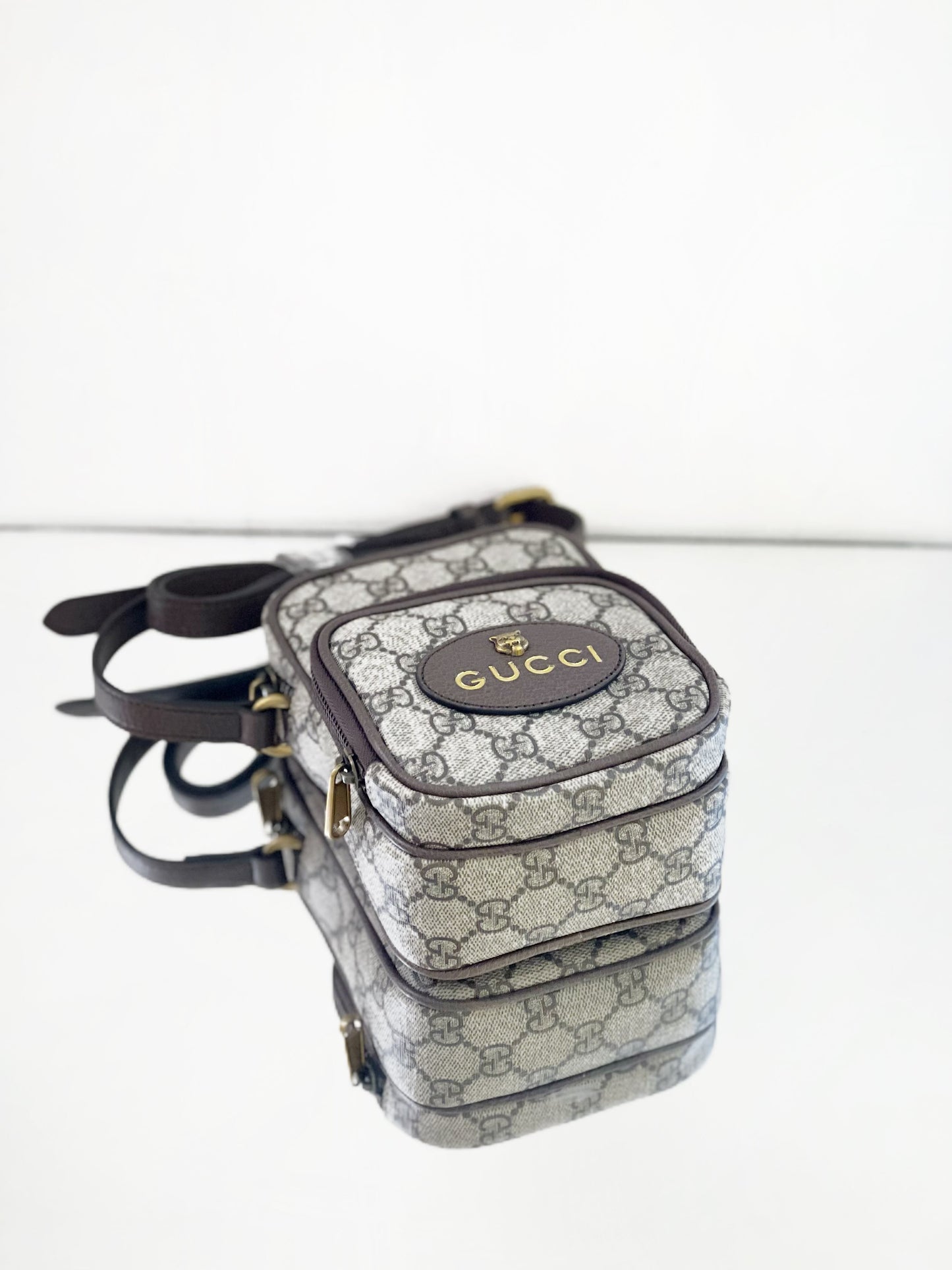 Gucci - Neo Vintage Tiger Head Camera Bag - GG Supreme canvas with leather trim - Beige with Dark Brown and Yellow Accents - (mini)
