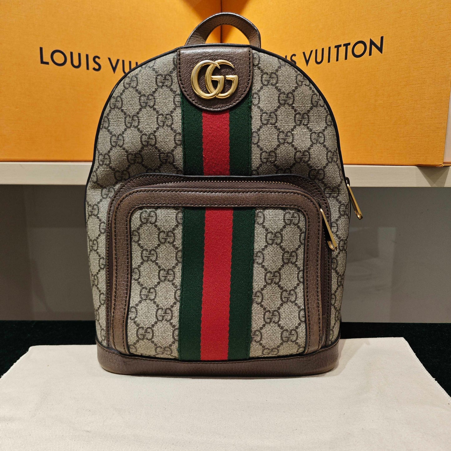 Gucci - Ophidia Backpack - GG Supreme canvas with leather trim - Beige and Brown with Red and Green accents - (small)