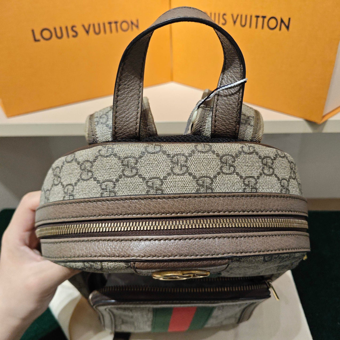 Gucci - Ophidia Backpack - GG Supreme canvas with leather trim - Beige and Brown with Red and Green accents - (small)
