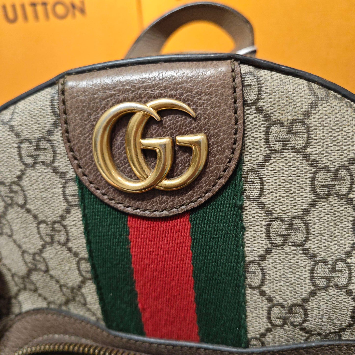 Gucci - Ophidia Backpack - GG Supreme canvas with leather trim - Beige and Brown with Red and Green accents - (small)