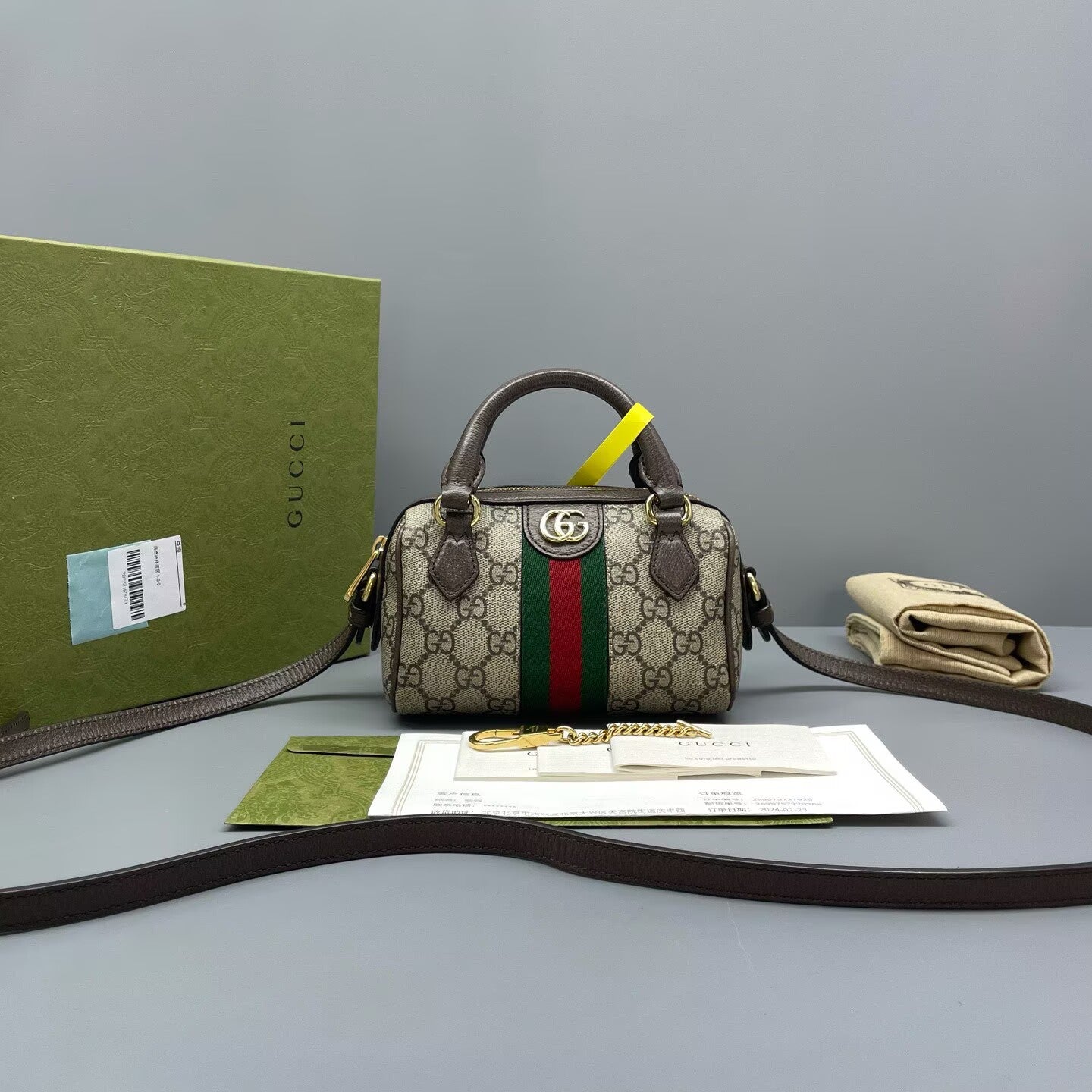 Gucci - Ophidia Boston mini - GG Supreme canvas with leather trim - Ebony (Beige/Brown) with red and green Web stripe - (mini)