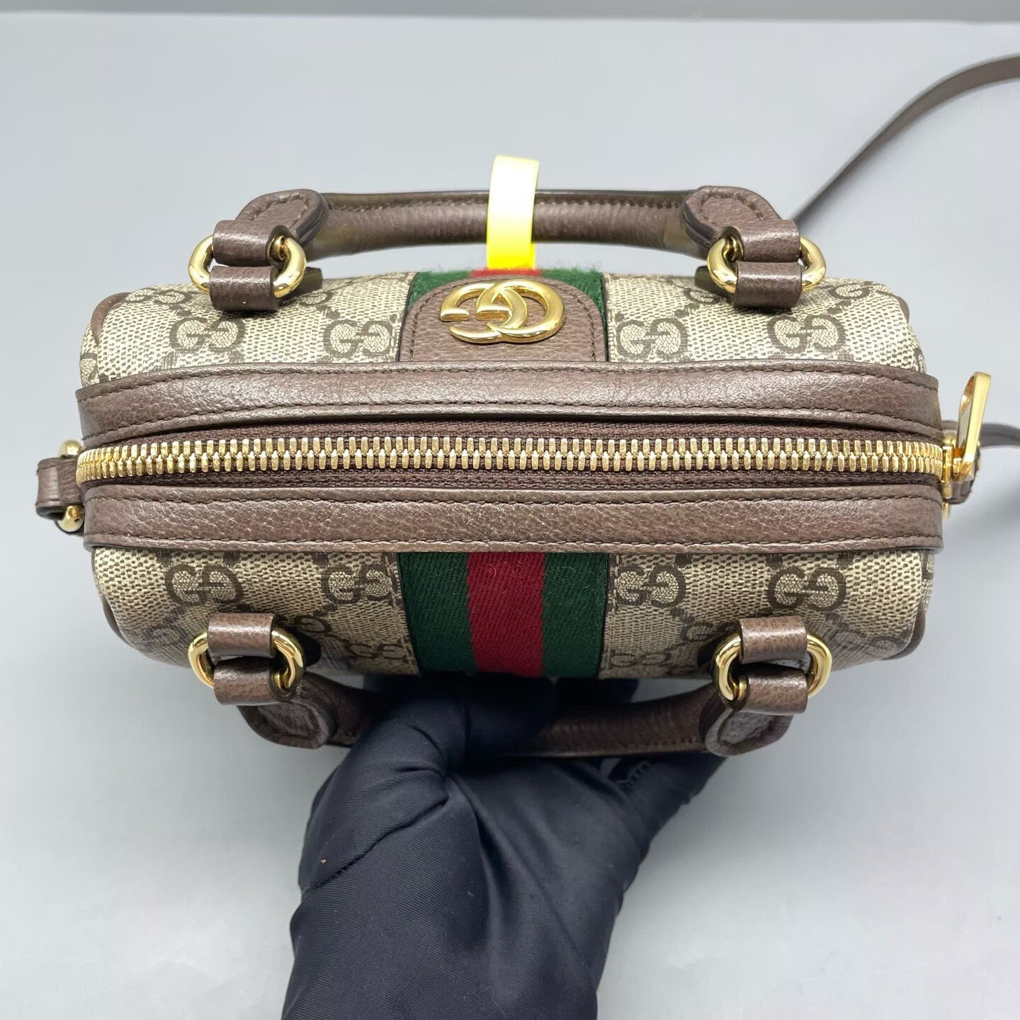 Gucci - Ophidia Boston mini - GG Supreme canvas with leather trim - Ebony (Beige/Brown) with red and green Web stripe - (mini)