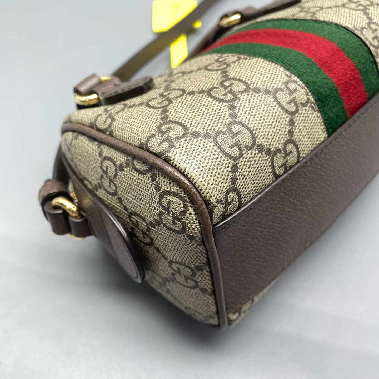Gucci - Ophidia Boston mini - GG Supreme canvas with leather trim - Ebony (Beige/Brown) with red and green Web stripe - (mini)
