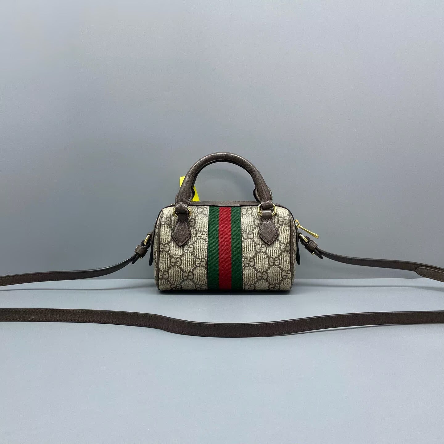 Gucci - Ophidia Boston mini - GG Supreme canvas with leather trim - Ebony (Beige/Brown) with red and green Web stripe - (mini)