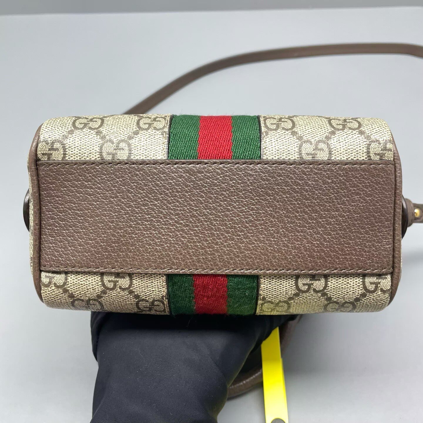 Gucci - Ophidia Boston mini - GG Supreme canvas with leather trim - Ebony (Beige/Brown) with red and green Web stripe - (mini)