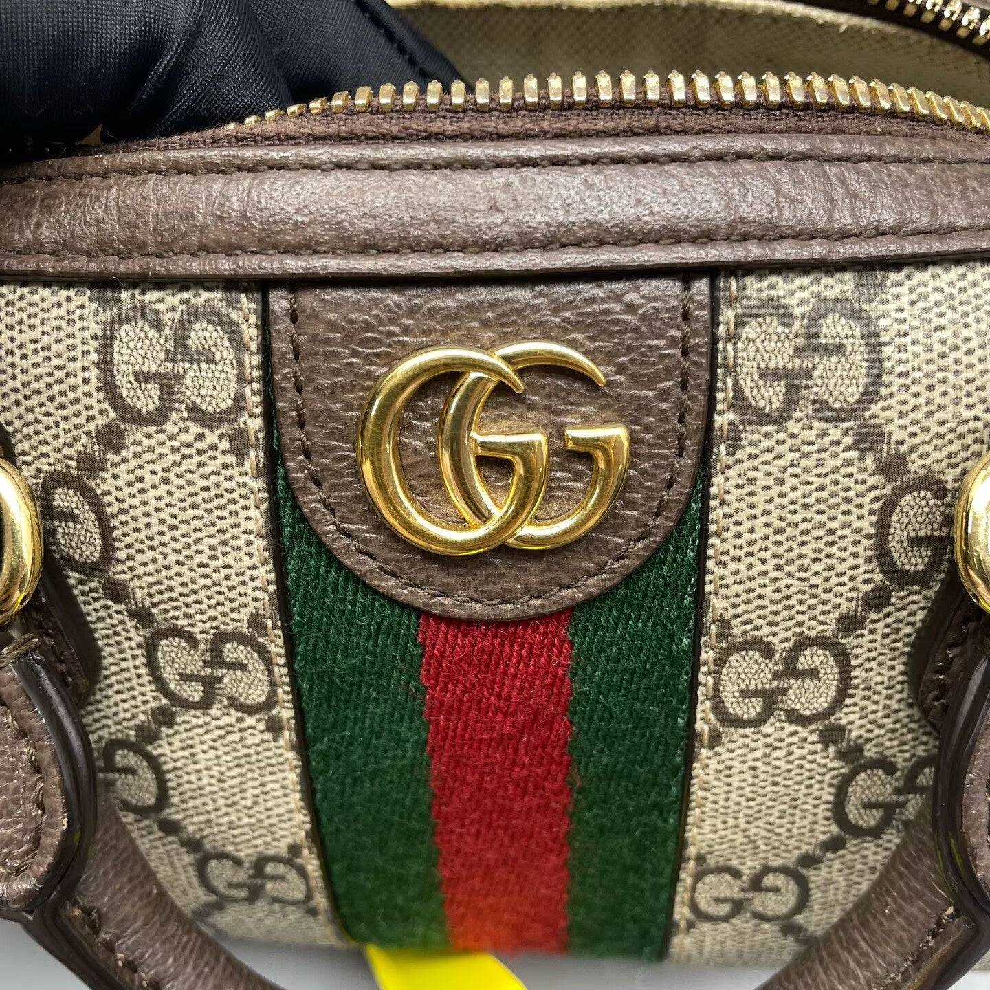 Gucci - Ophidia Boston mini - GG Supreme canvas with leather trim - Ebony (Beige/Brown) with red and green Web stripe - (mini)