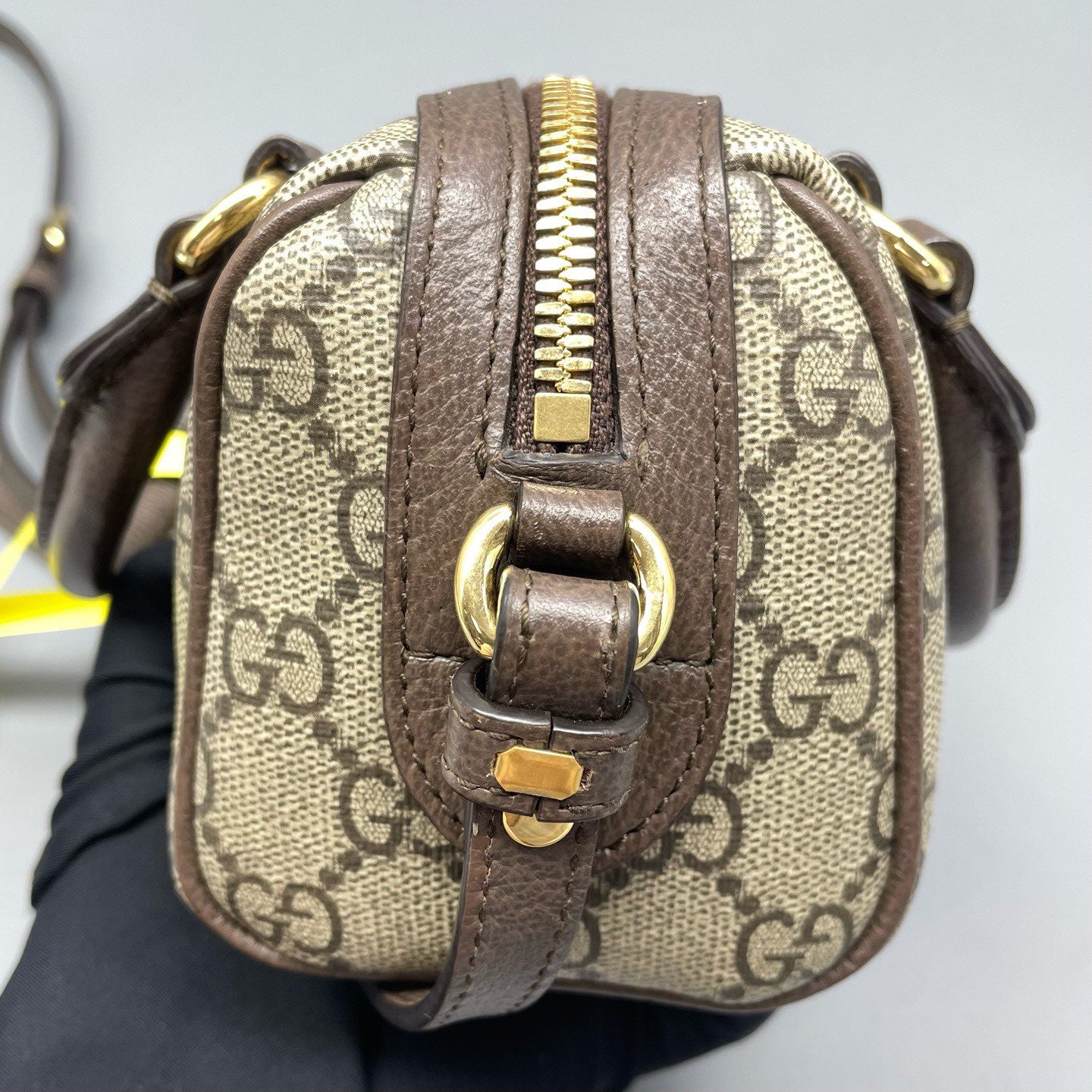 Gucci - Ophidia Boston mini - GG Supreme canvas with leather trim - Ebony (Beige/Brown) with red and green Web stripe - (mini)