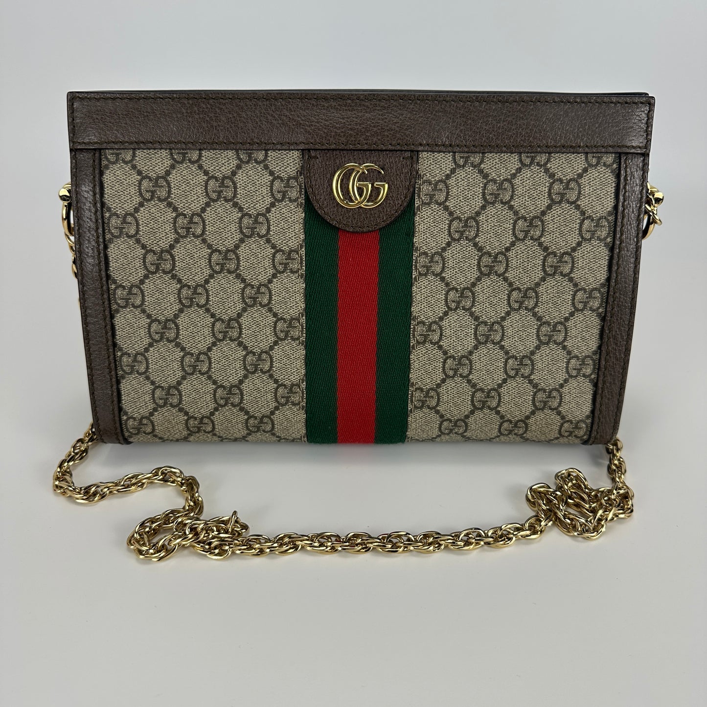Gucci - Ophidia Chain Bag - GG Supreme coated canvas with leather trim - Beige and Brown with Green and Red Web Stripe - (Small)
