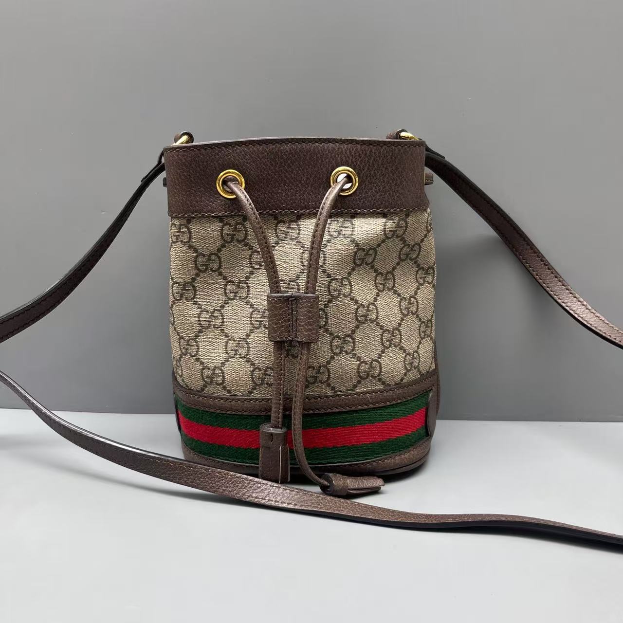 Gucci - Ophidia Drawstring Bucket Bag - GG Supreme canvas with leather trim - Beige and Brown with Red and Green Web - (mini)