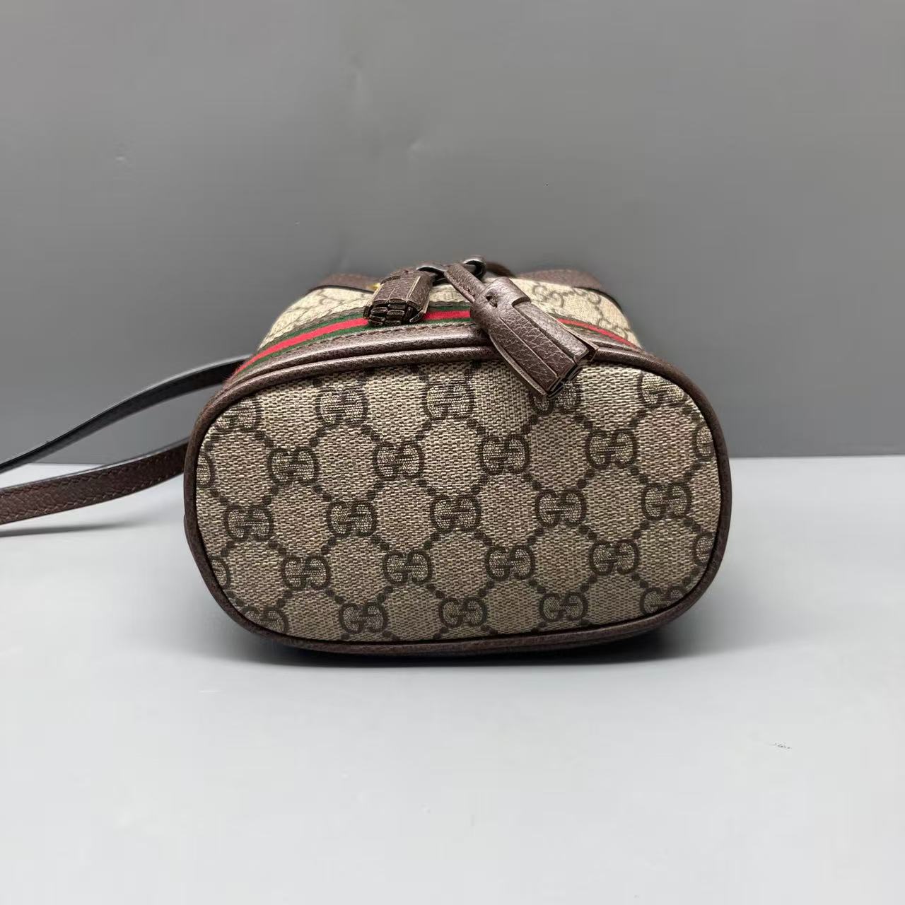 Gucci - Ophidia Drawstring Bucket Bag - GG Supreme canvas with leather trim - Beige and Brown with Red and Green Web - (mini)