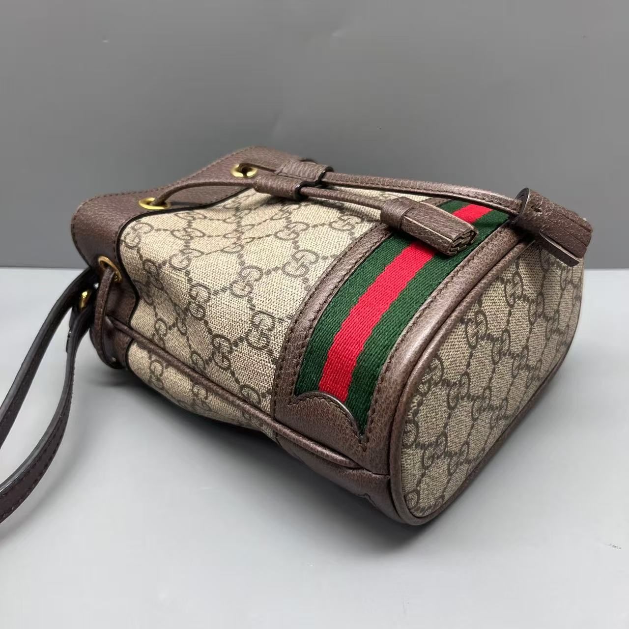 Gucci - Ophidia Drawstring Bucket Bag - GG Supreme canvas with leather trim - Beige and Brown with Red and Green Web - (mini)