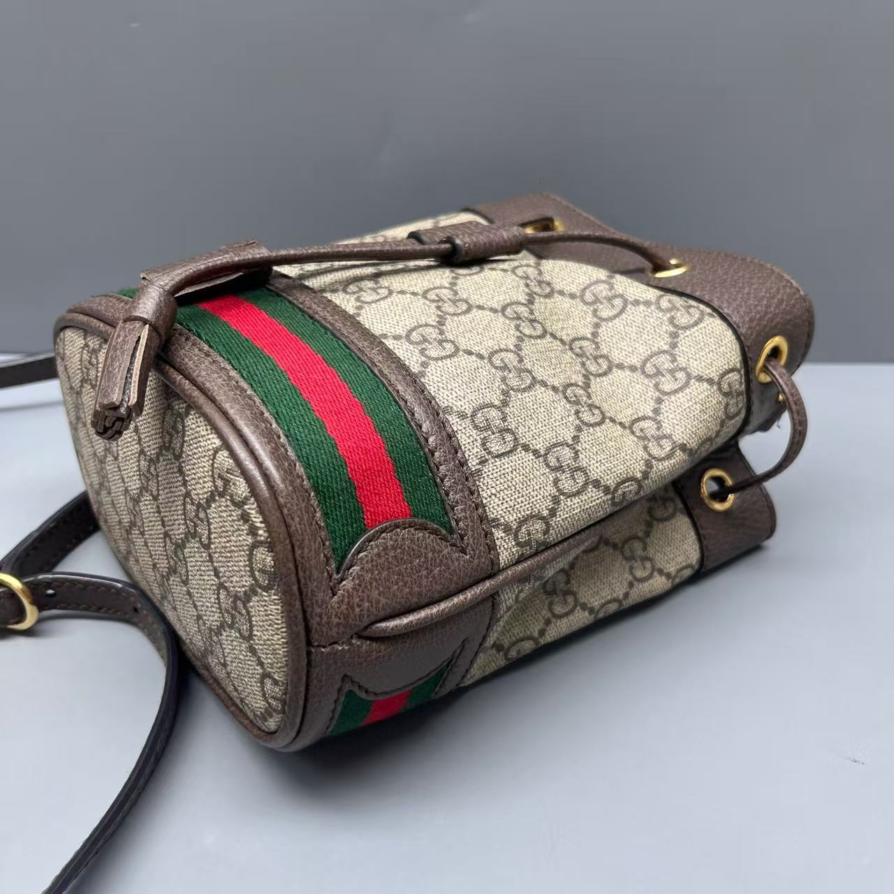 Gucci - Ophidia Drawstring Bucket Bag - GG Supreme canvas with leather trim - Beige and Brown with Red and Green Web - (mini)