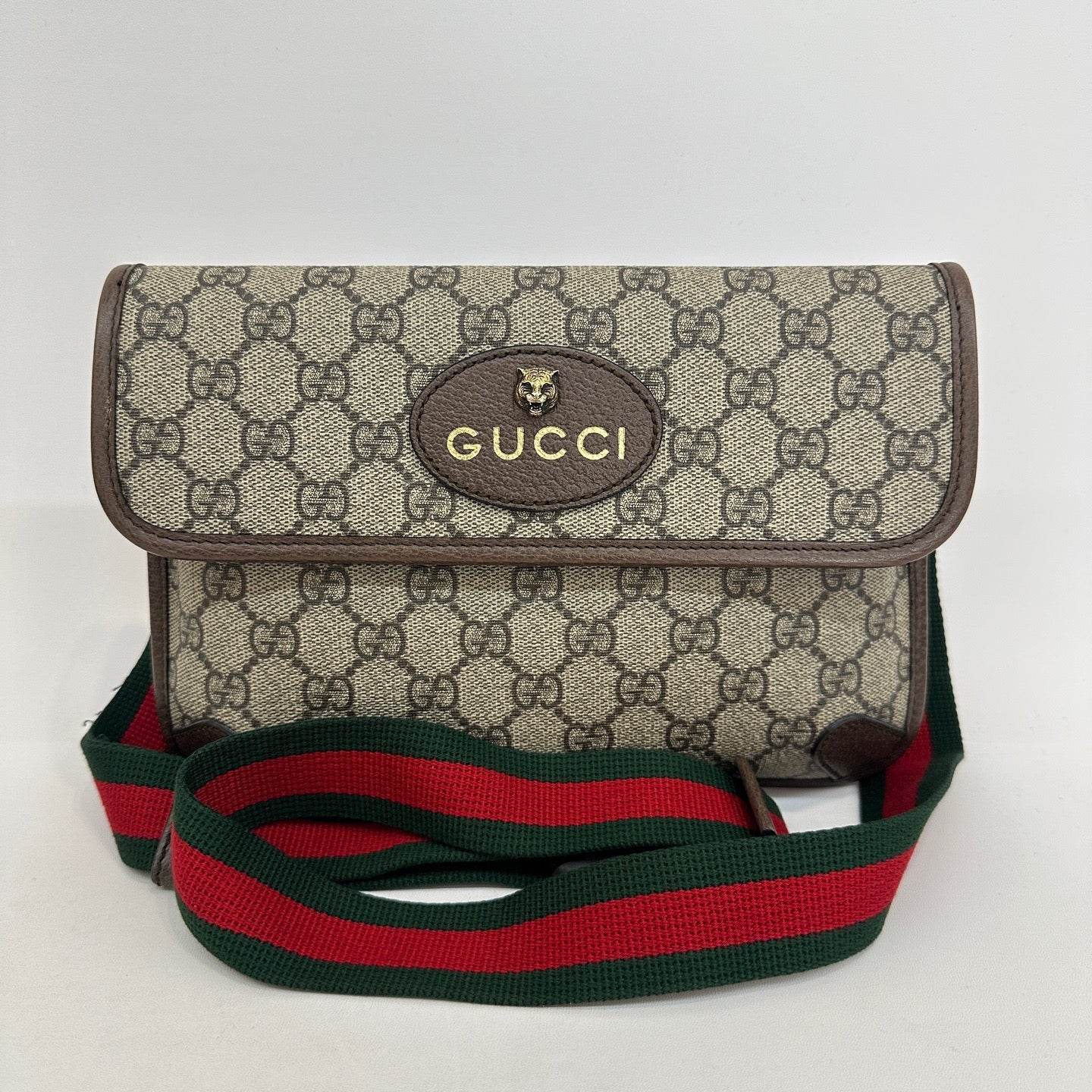 Gucci - Ophidia GG Supreme Tiger Head Belt Bag - GG Supreme canvas with leather trim - Beige and ebony with brown leather and green/red Web stripe - (Small)