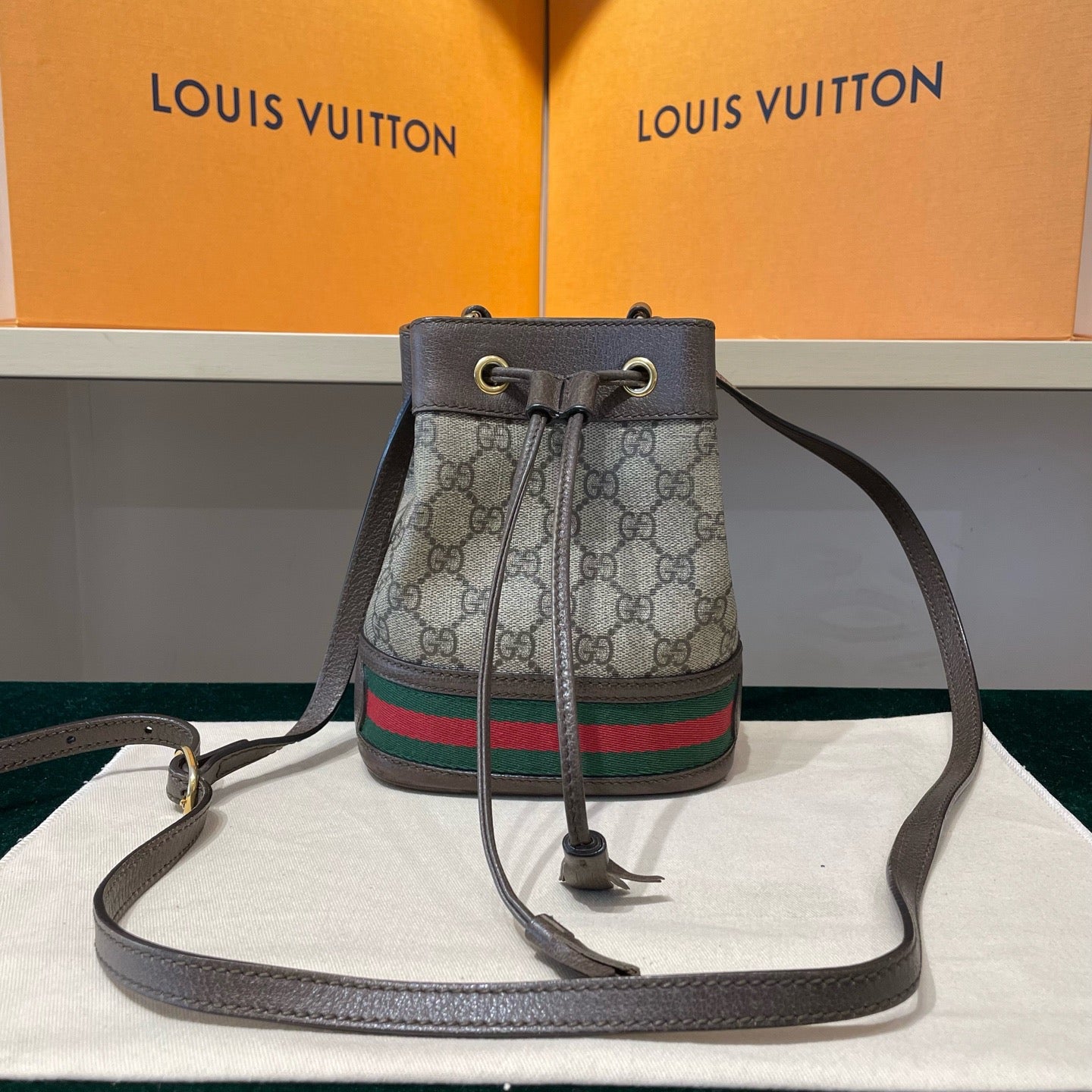 Gucci - Ophidia Mini Bucket Bag - GG Supreme coated canvas with brown leather trim - Beige/Ebony with Brown trim and Red/Green Web stripe - (Mini)
