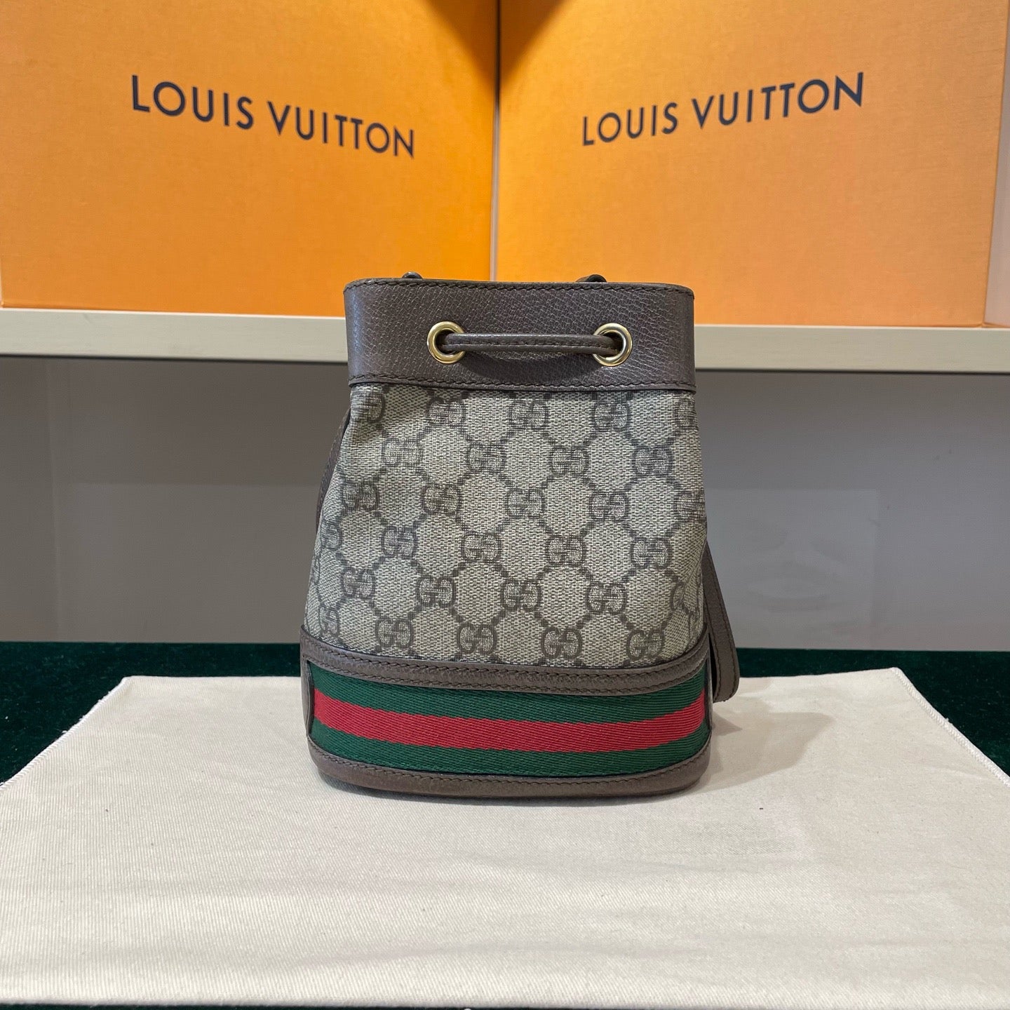 Gucci - Ophidia Mini Bucket Bag - GG Supreme coated canvas with brown leather trim - Beige/Ebony with Brown trim and Red/Green Web stripe - (Mini)