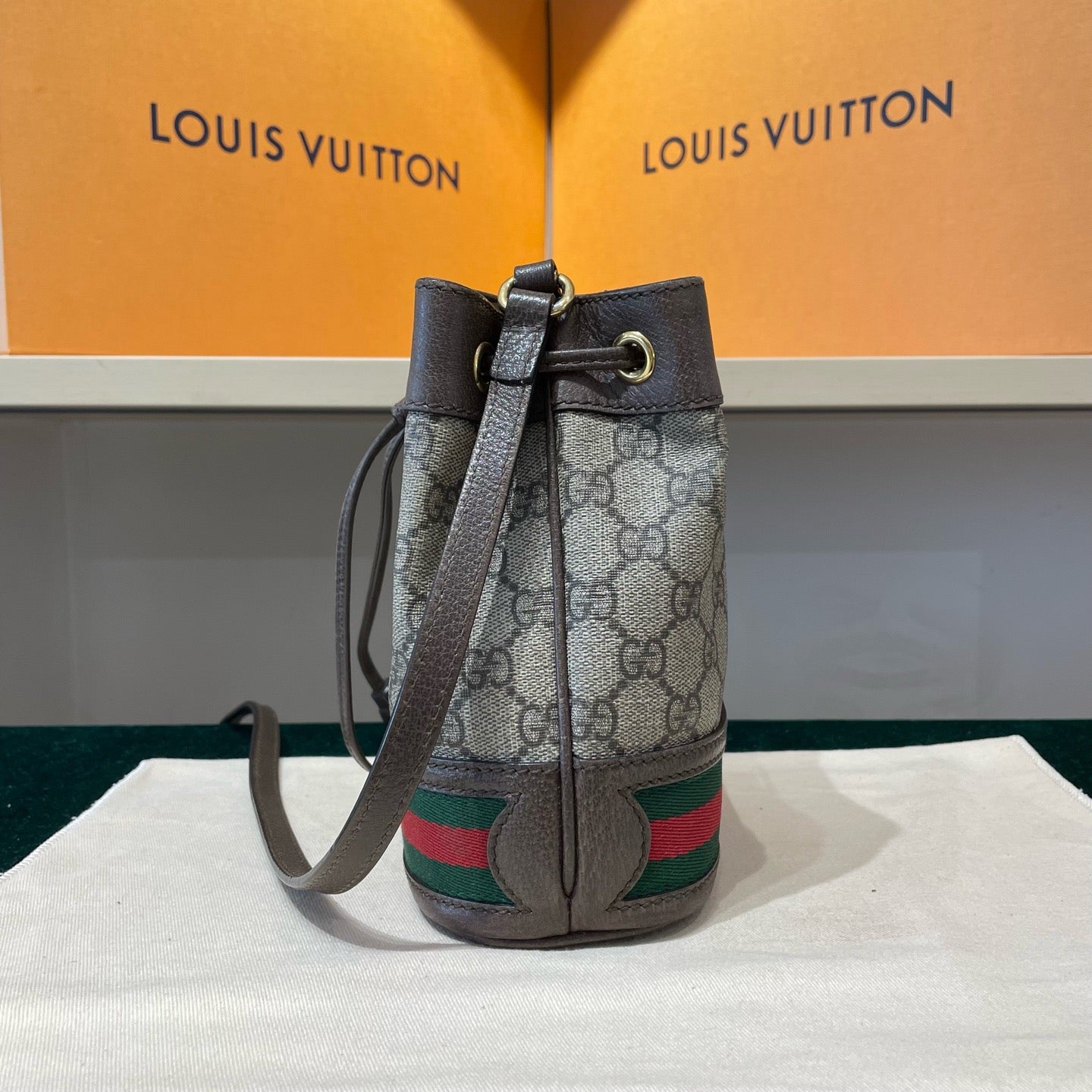 Gucci - Ophidia Mini Bucket Bag - GG Supreme coated canvas with brown leather trim - Beige/Ebony with Brown trim and Red/Green Web stripe - (Mini)