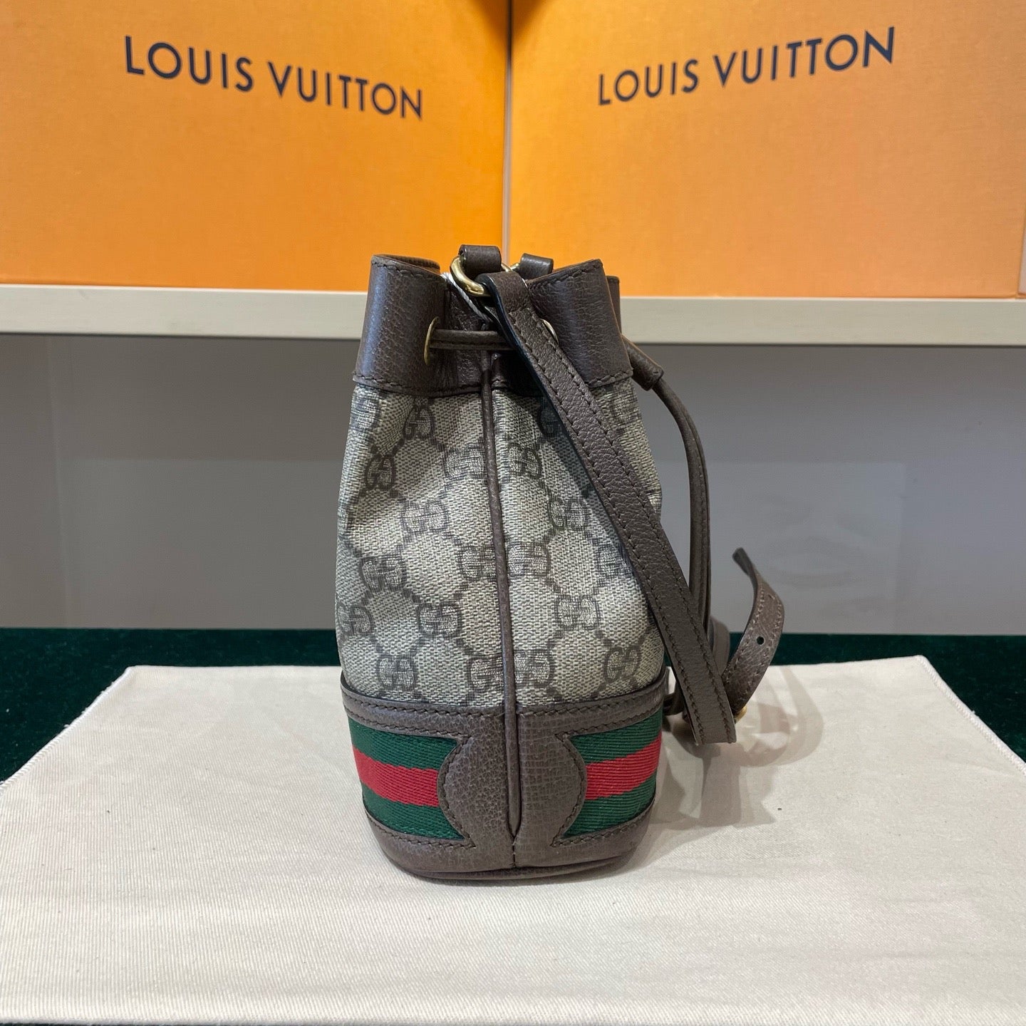 Gucci - Ophidia Mini Bucket Bag - GG Supreme coated canvas with brown leather trim - Beige/Ebony with Brown trim and Red/Green Web stripe - (Mini)