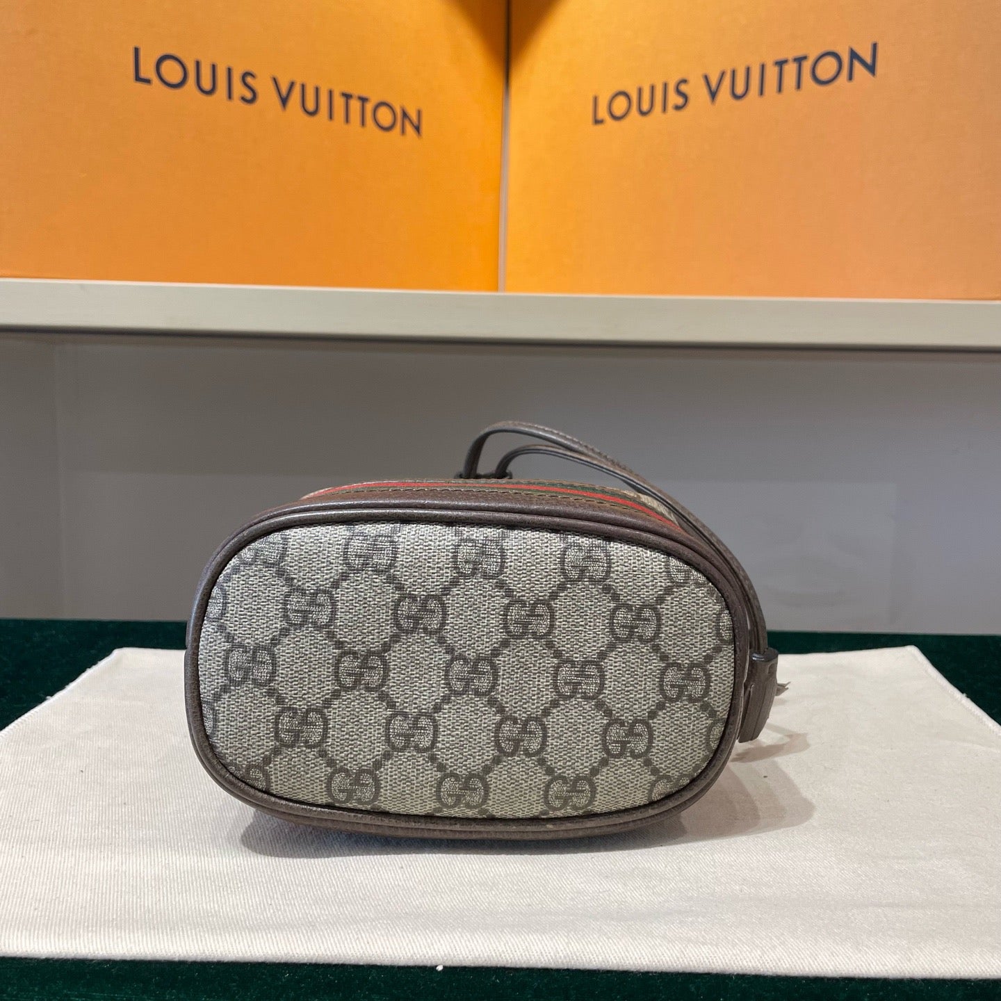 Gucci - Ophidia Mini Bucket Bag - GG Supreme coated canvas with brown leather trim - Beige/Ebony with Brown trim and Red/Green Web stripe - (Mini)
