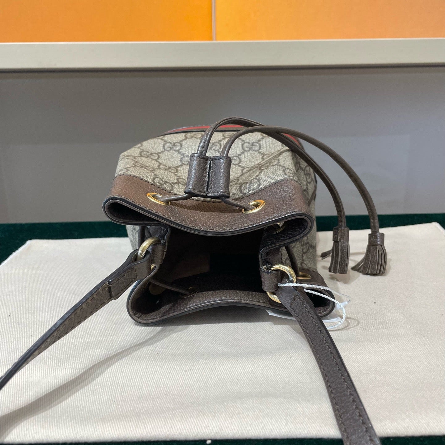 Gucci - Ophidia Mini Bucket Bag - GG Supreme coated canvas with brown leather trim - Beige/Ebony with Brown trim and Red/Green Web stripe - (Mini)