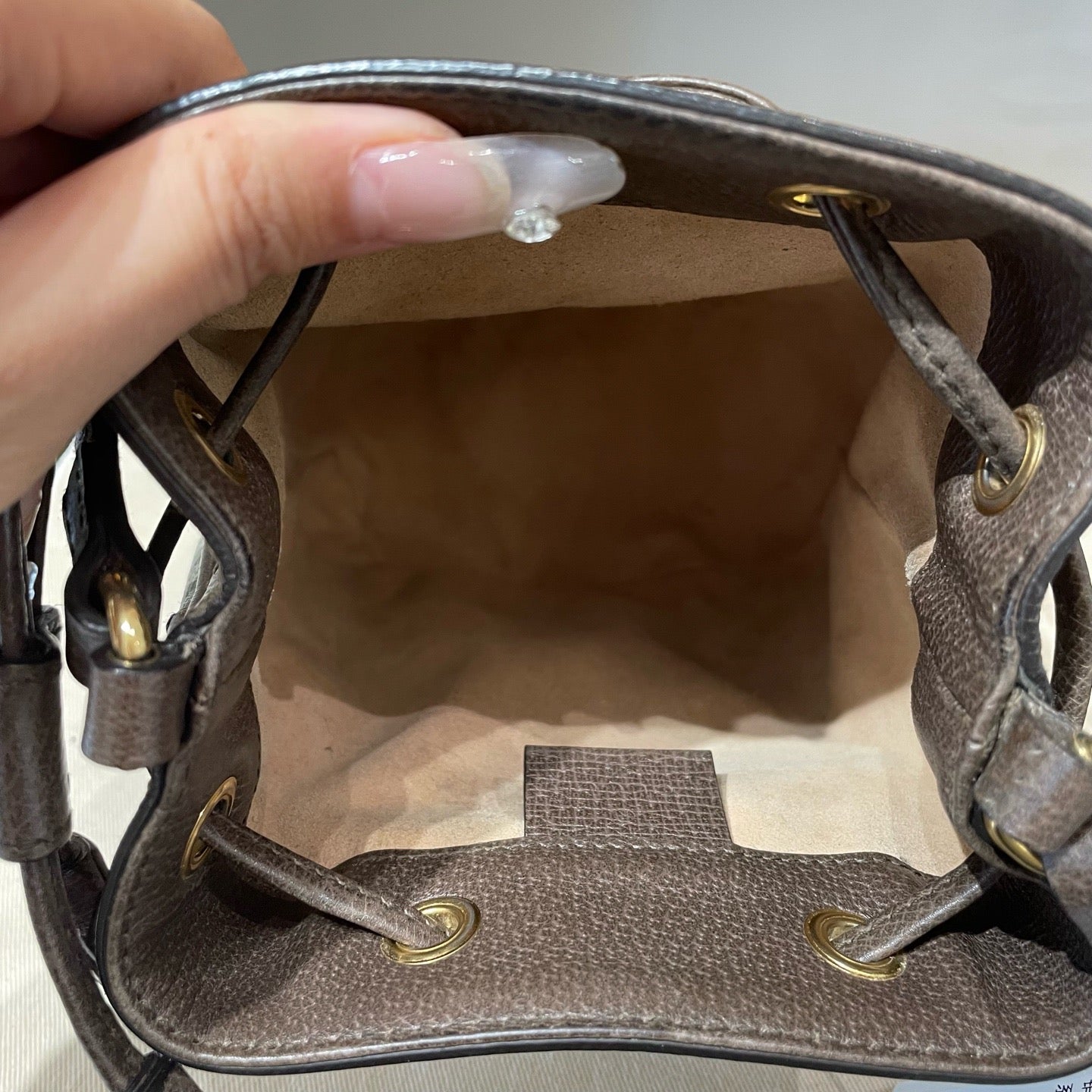 Gucci - Ophidia Mini Bucket Bag - GG Supreme coated canvas with brown leather trim - Beige/Ebony with Brown trim and Red/Green Web stripe - (Mini)