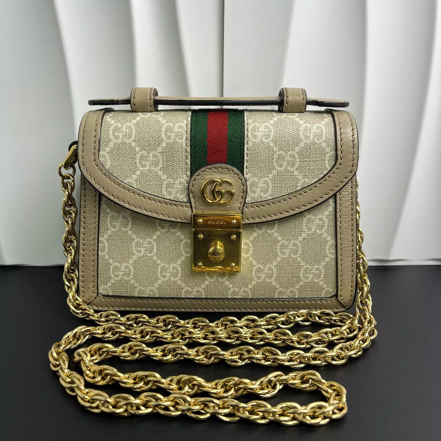 Gucci - Ophidia Mini Chain Bag - GG Supreme canvas with leather trim - Beige with Web stripe - (mini)