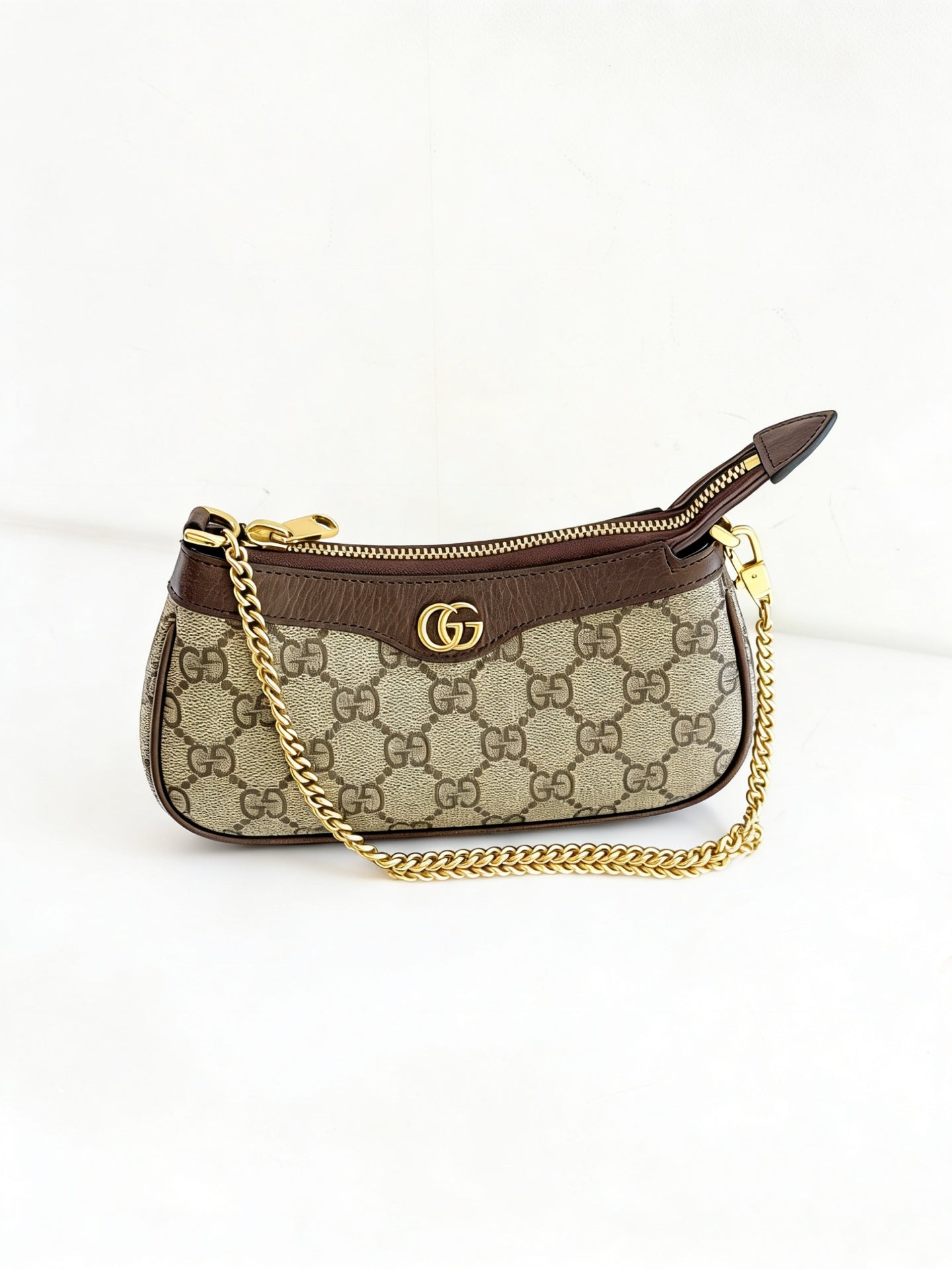 Gucci - Ophidia Mini Chain Shoulder Bag - GG Supreme canvas with leather trim - Beige with Brown trim - (mini)
