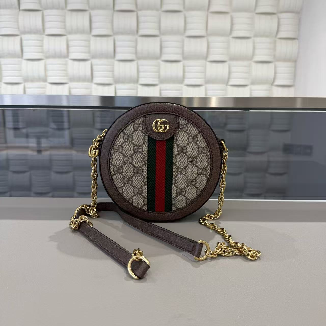 Gucci - Ophidia Mini Round Bag - GG Supreme canvas with brown leather trim - Brown - (mini)