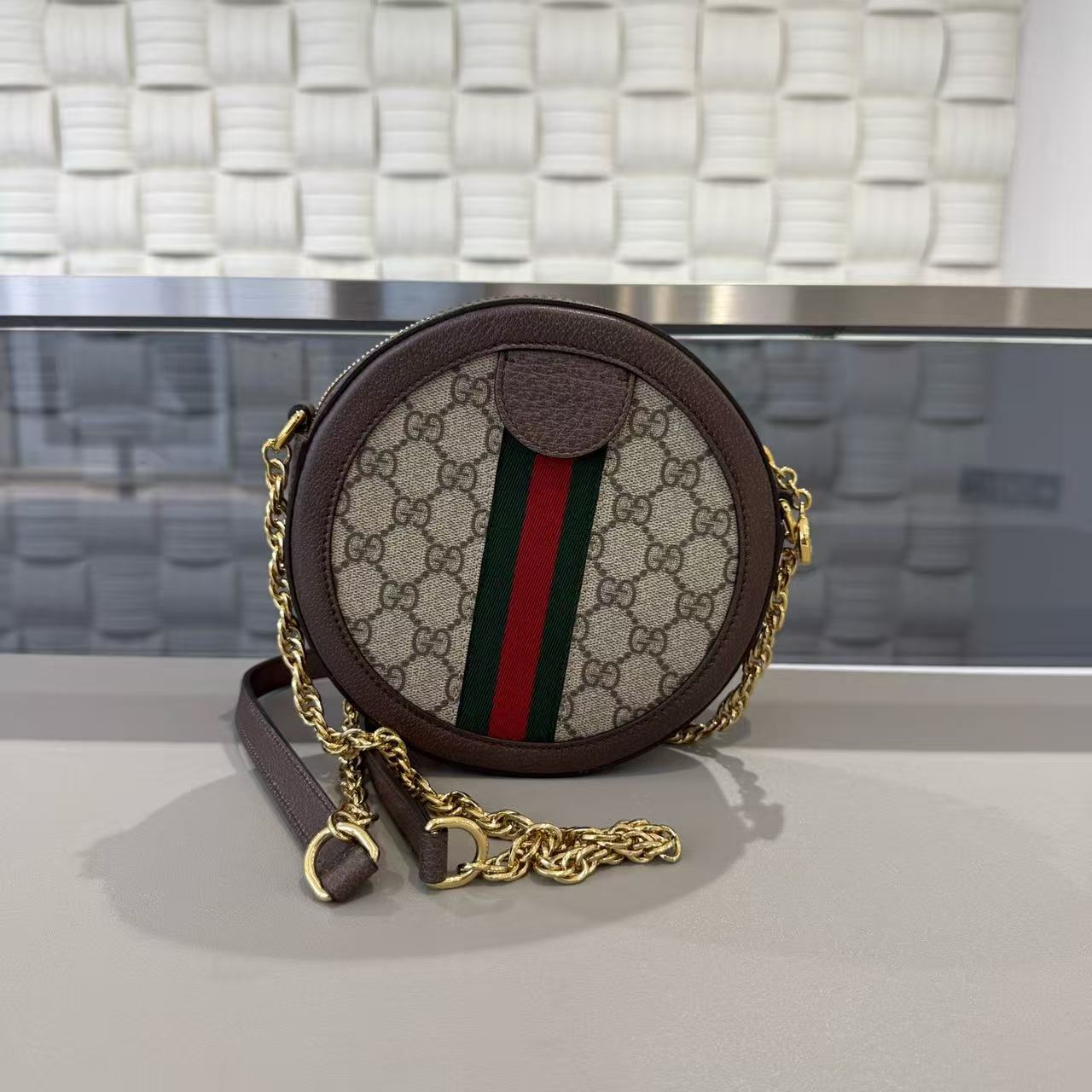 Gucci - Ophidia Mini Round Bag - GG Supreme canvas with brown leather trim - Brown - (mini)