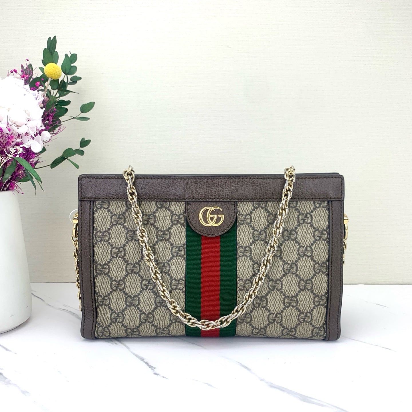 Gucci - Ophidia Monogram Clip Bag Small - GG Supreme canvas with brown leather trim - Beige and ebony with brown, green, and red accents - (small)