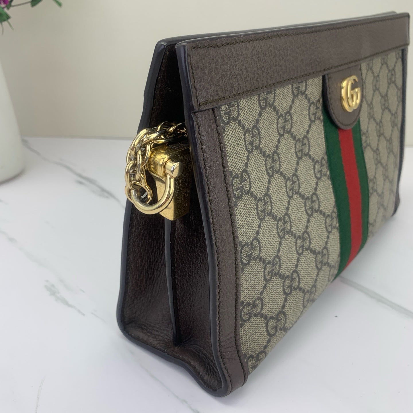 Gucci - Ophidia Monogram Clip Bag Small - GG Supreme canvas with brown leather trim - Beige and ebony with brown, green, and red accents - (small)