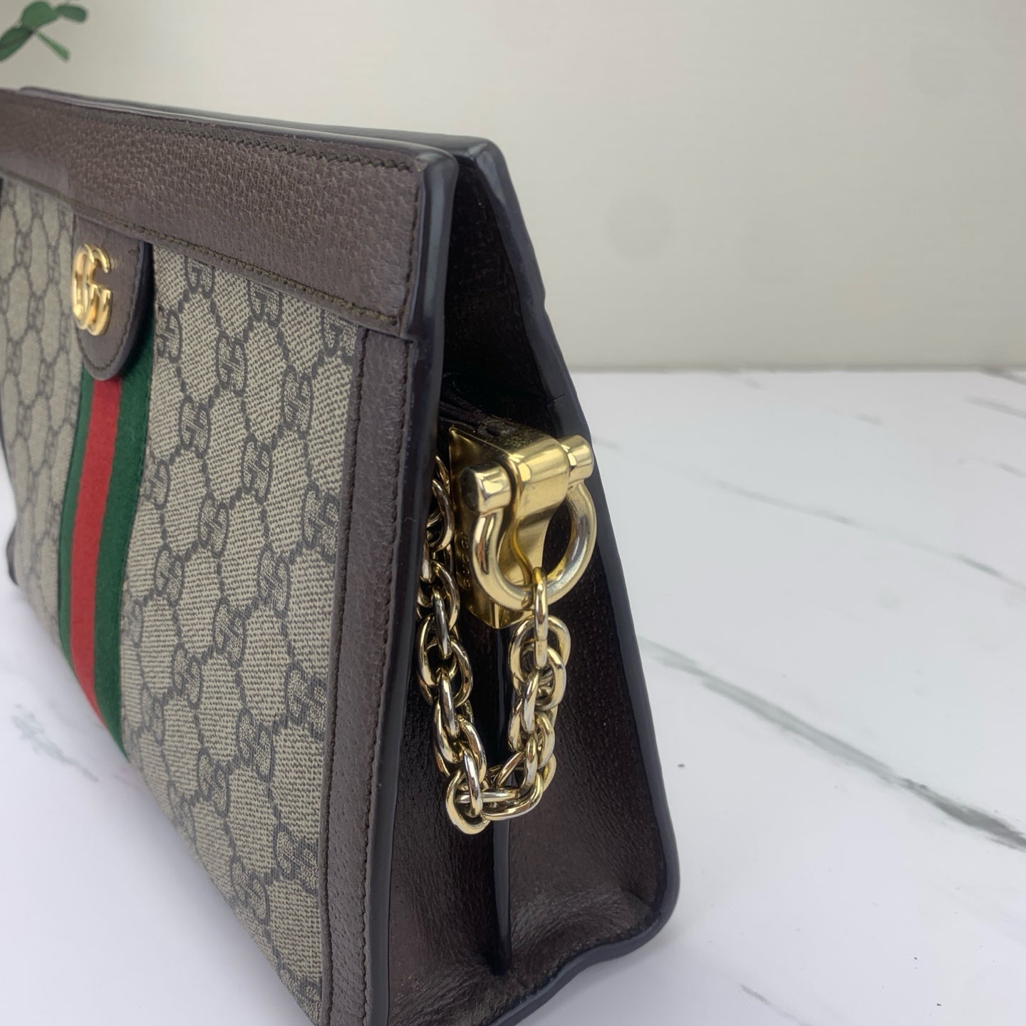 Gucci - Ophidia Monogram Clip Bag Small - GG Supreme canvas with brown leather trim - Beige and ebony with brown, green, and red accents - (small)