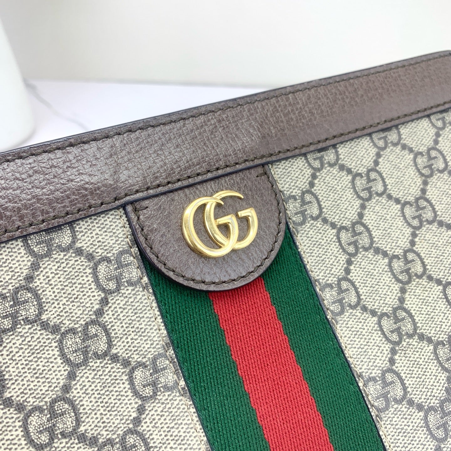 Gucci - Ophidia Monogram Clip Bag Small - GG Supreme canvas with brown leather trim - Beige and ebony with brown, green, and red accents - (small)